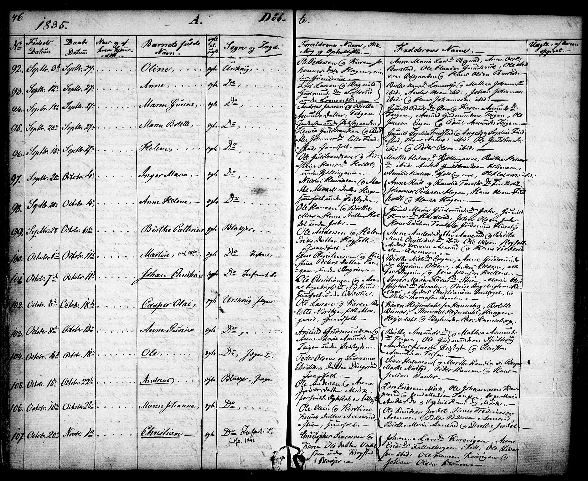 Aurskog prestekontor Kirkebøker, SAO/A-10304a/F/Fa/L0006: Parish register (official) no. I 6, 1829-1853, p. 46