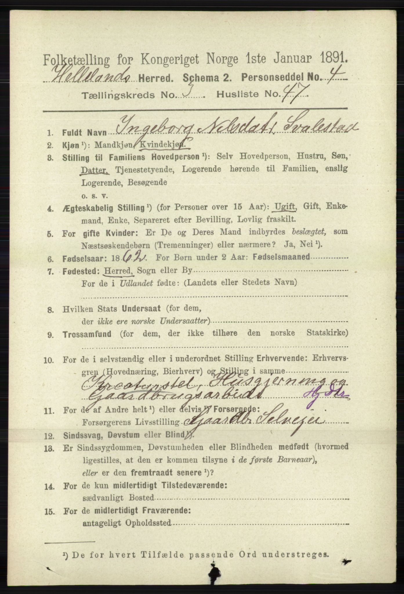 RA, 1891 census for 1115 Helleland, 1891, p. 1108