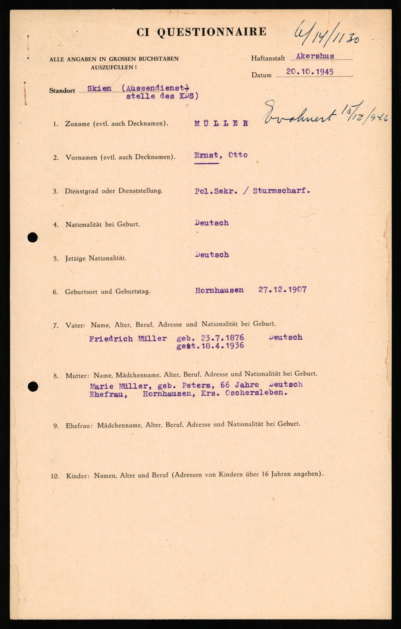 Forsvaret, Forsvarets overkommando II, AV/RA-RAFA-3915/D/Db/L0023: CI Questionaires. Tyske okkupasjonsstyrker i Norge. Tyskere., 1945-1946, p. 21