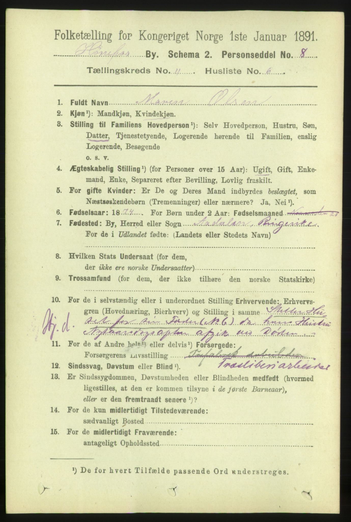 RA, 1891 census for 0601 Hønefoss, 1891, p. 1534