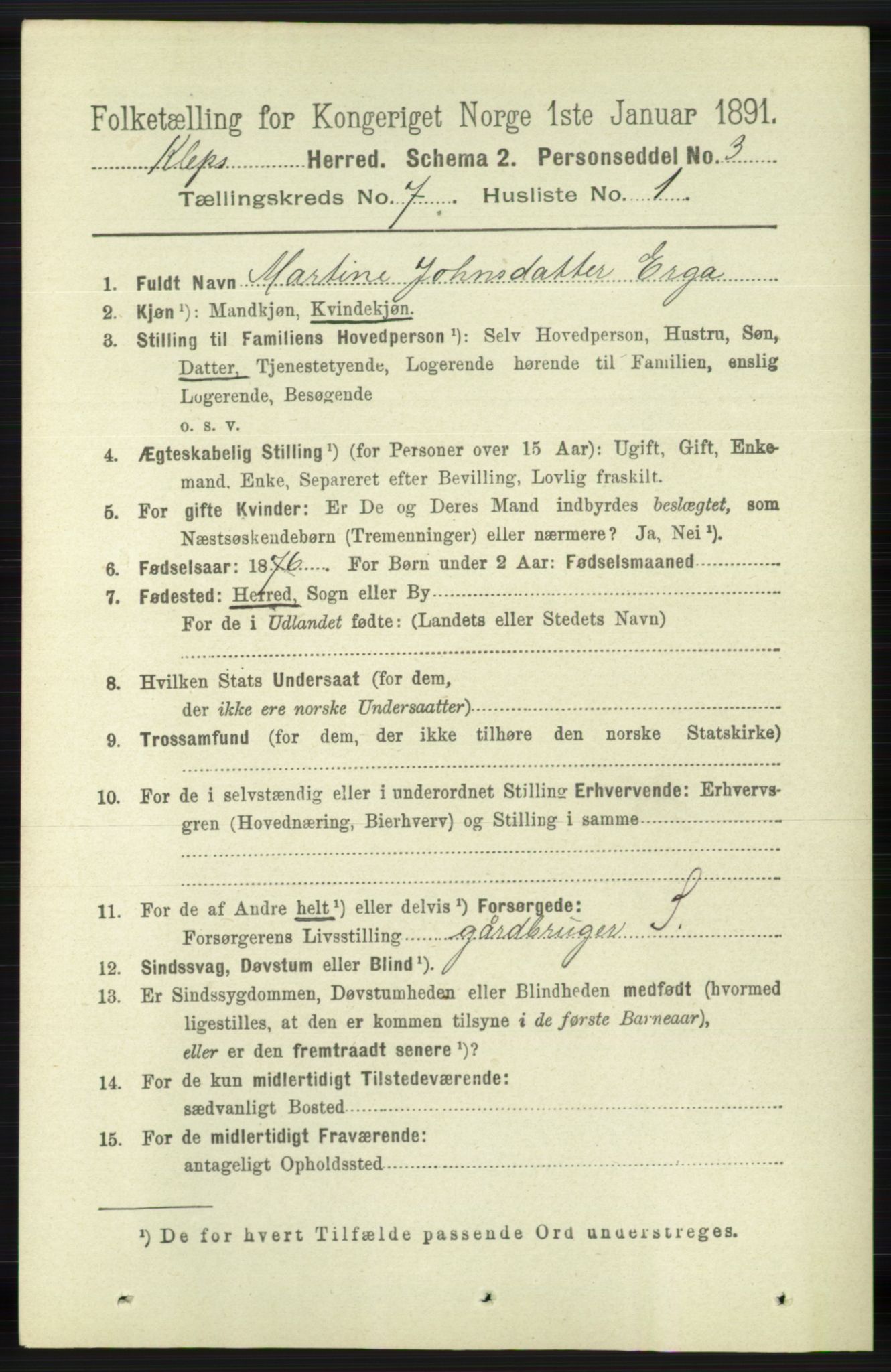 RA, 1891 census for 1120 Klepp, 1891, p. 2111