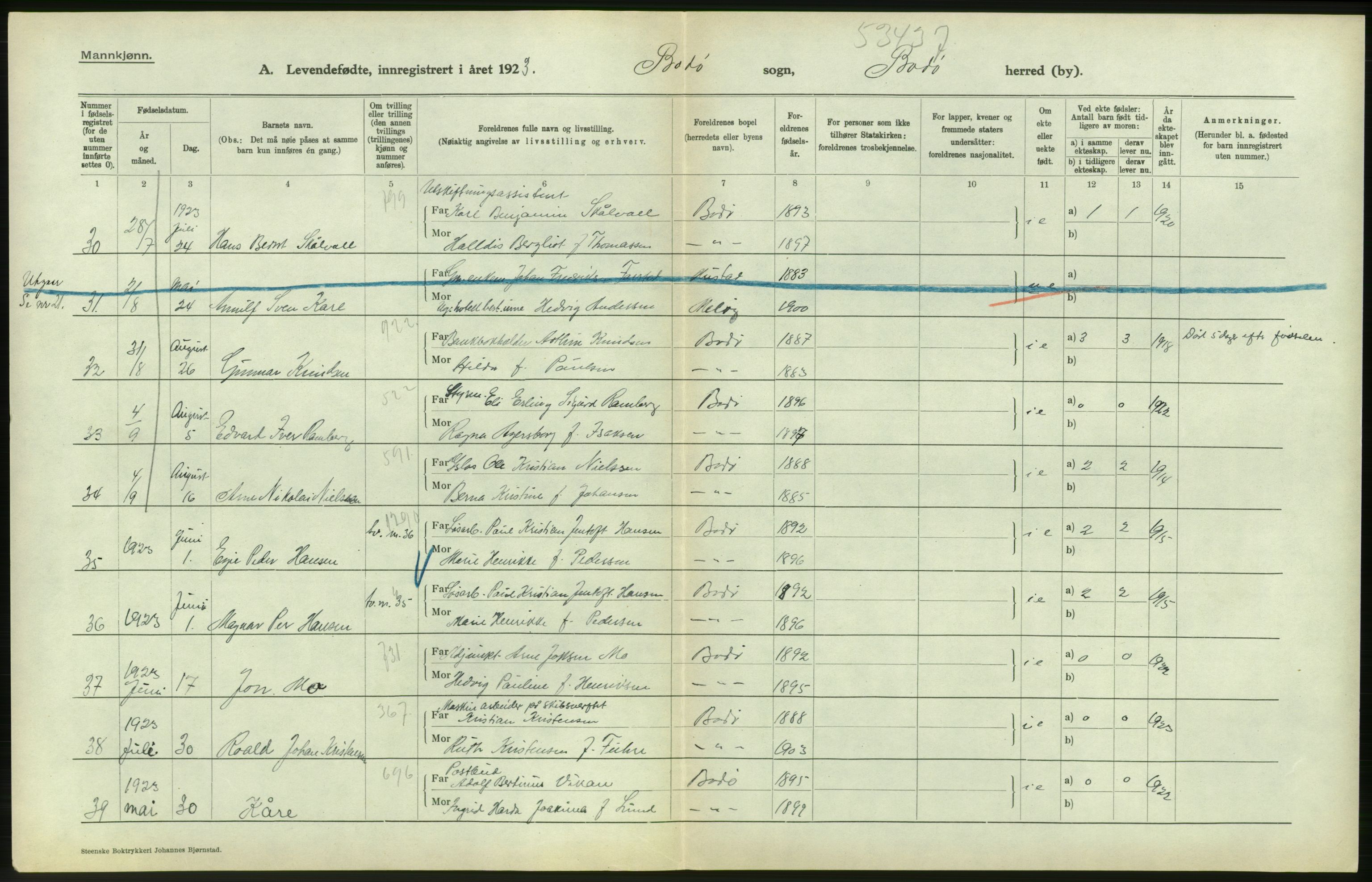 Statistisk sentralbyrå, Sosiodemografiske emner, Befolkning, AV/RA-S-2228/D/Df/Dfc/Dfcc/L0042: Nordland fylke: Levendefødte menn og kvinner. Byer. Samt gifte, dødfødte. Bygder og byer., 1923, p. 32
