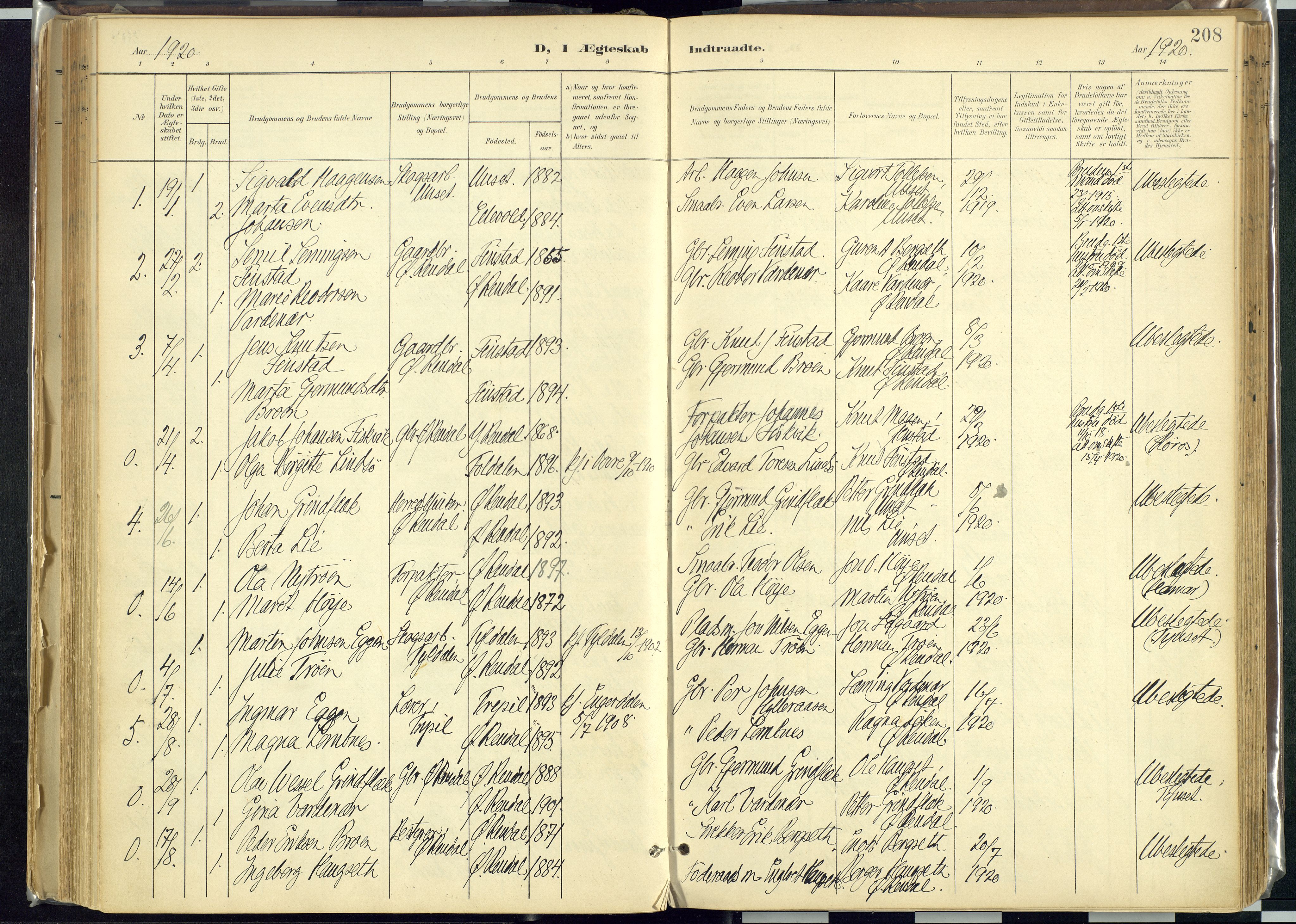 Rendalen prestekontor, SAH/PREST-054/H/Ha/Haa/L0012: Parish register (official) no. 12, 1901-1928, p. 208