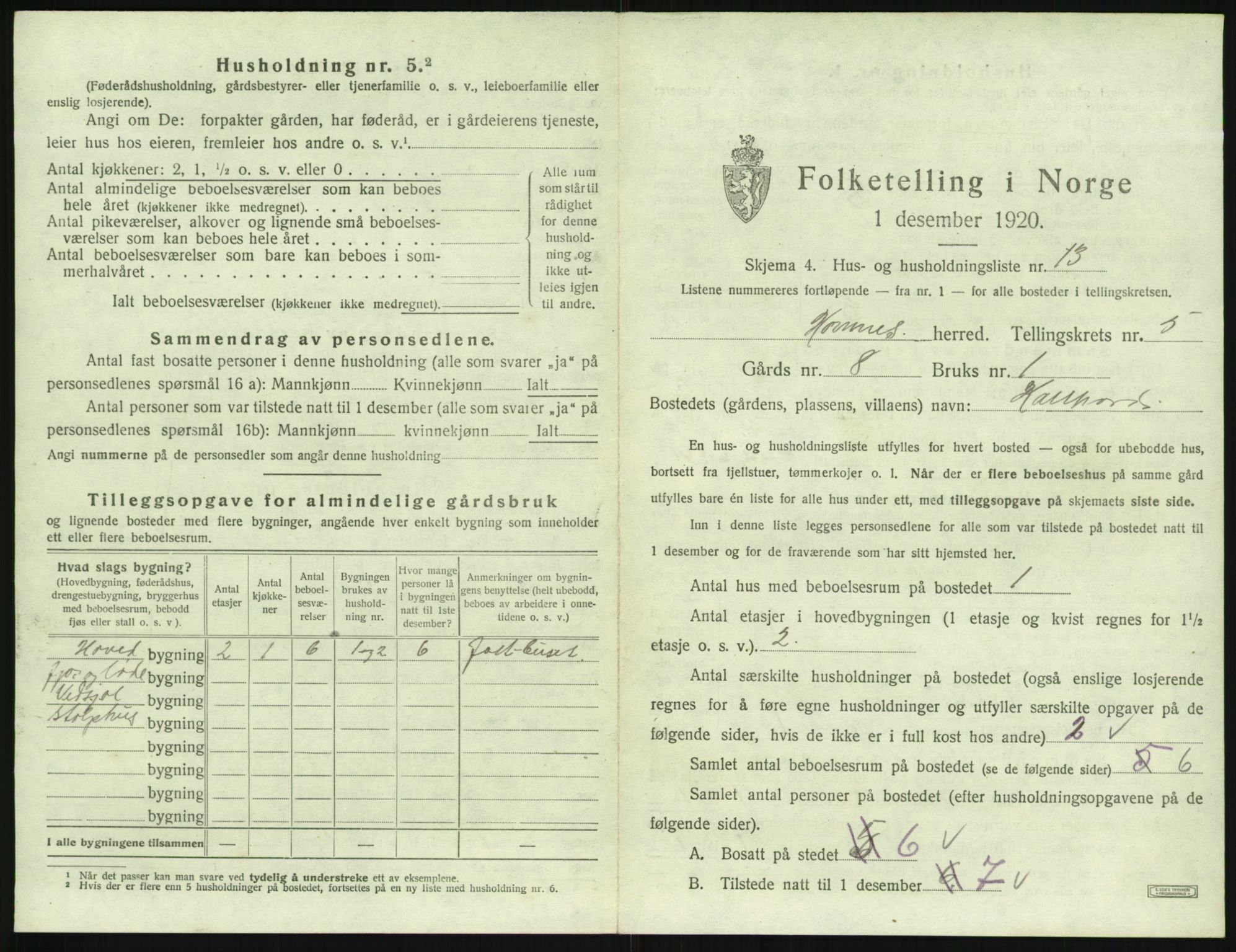 SAK, 1920 census for Hornnes, 1920, p. 227