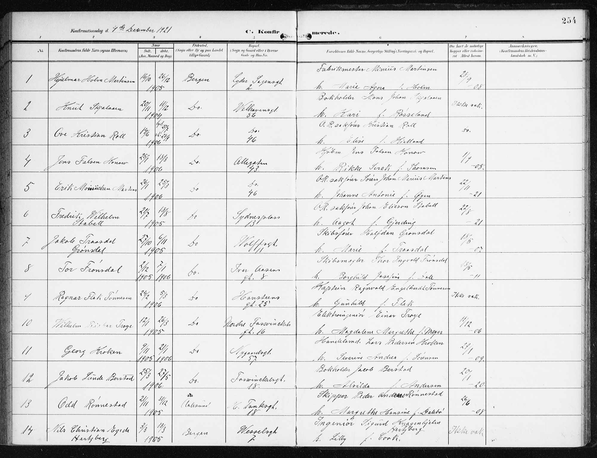 Johanneskirken sokneprestembete, AV/SAB-A-76001/H/Haa/L0009: Parish register (official) no. C 2, 1907-1924, p. 254