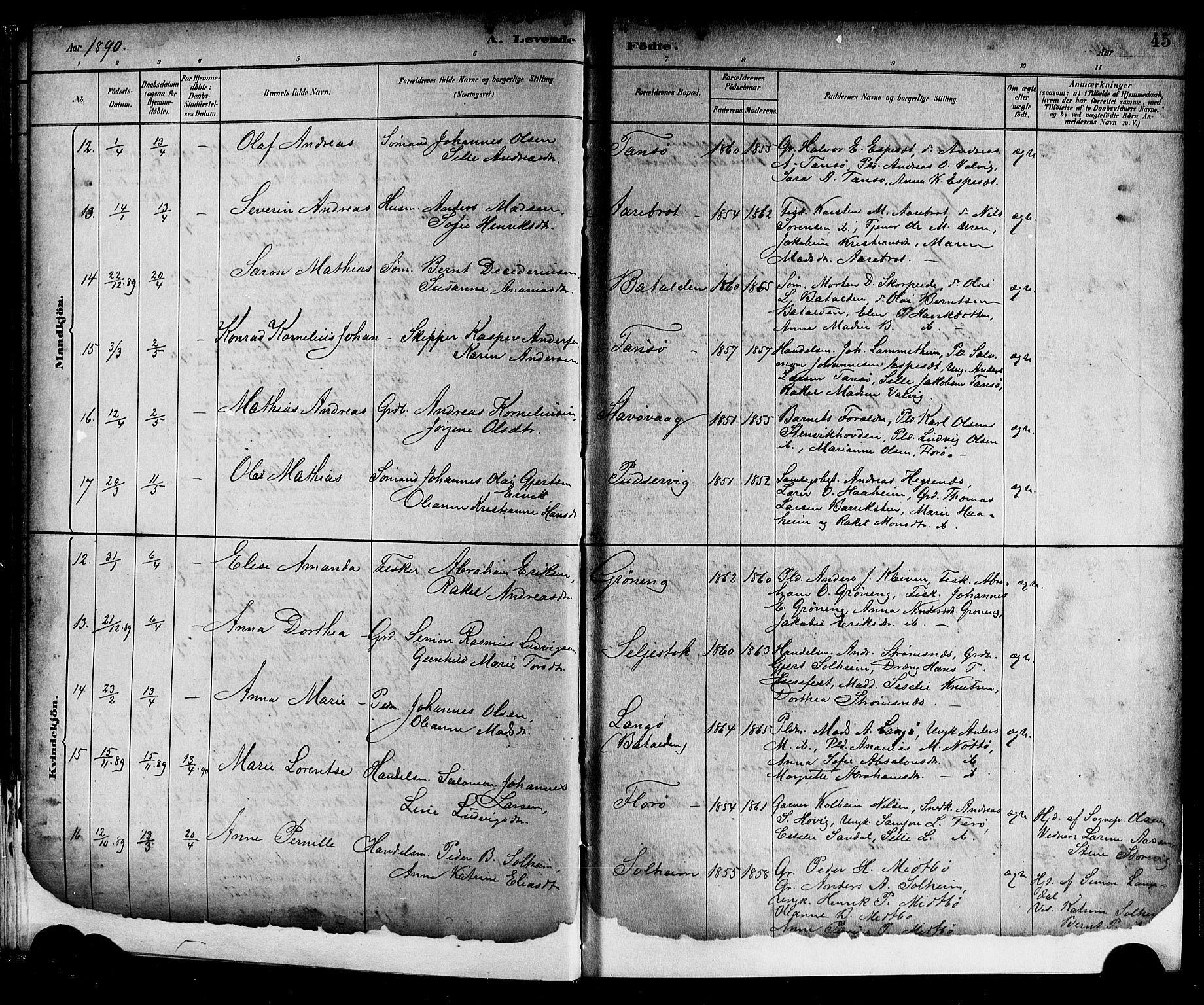 Kinn sokneprestembete, AV/SAB-A-80801/H/Hab/Haba/L0002: Parish register (copy) no. A 2, 1882-1906, p. 45