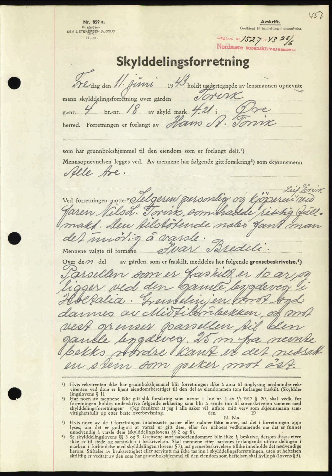 Nordmøre sorenskriveri, AV/SAT-A-4132/1/2/2Ca: Mortgage book no. A95, 1943-1943, Diary no: : 1527/1943