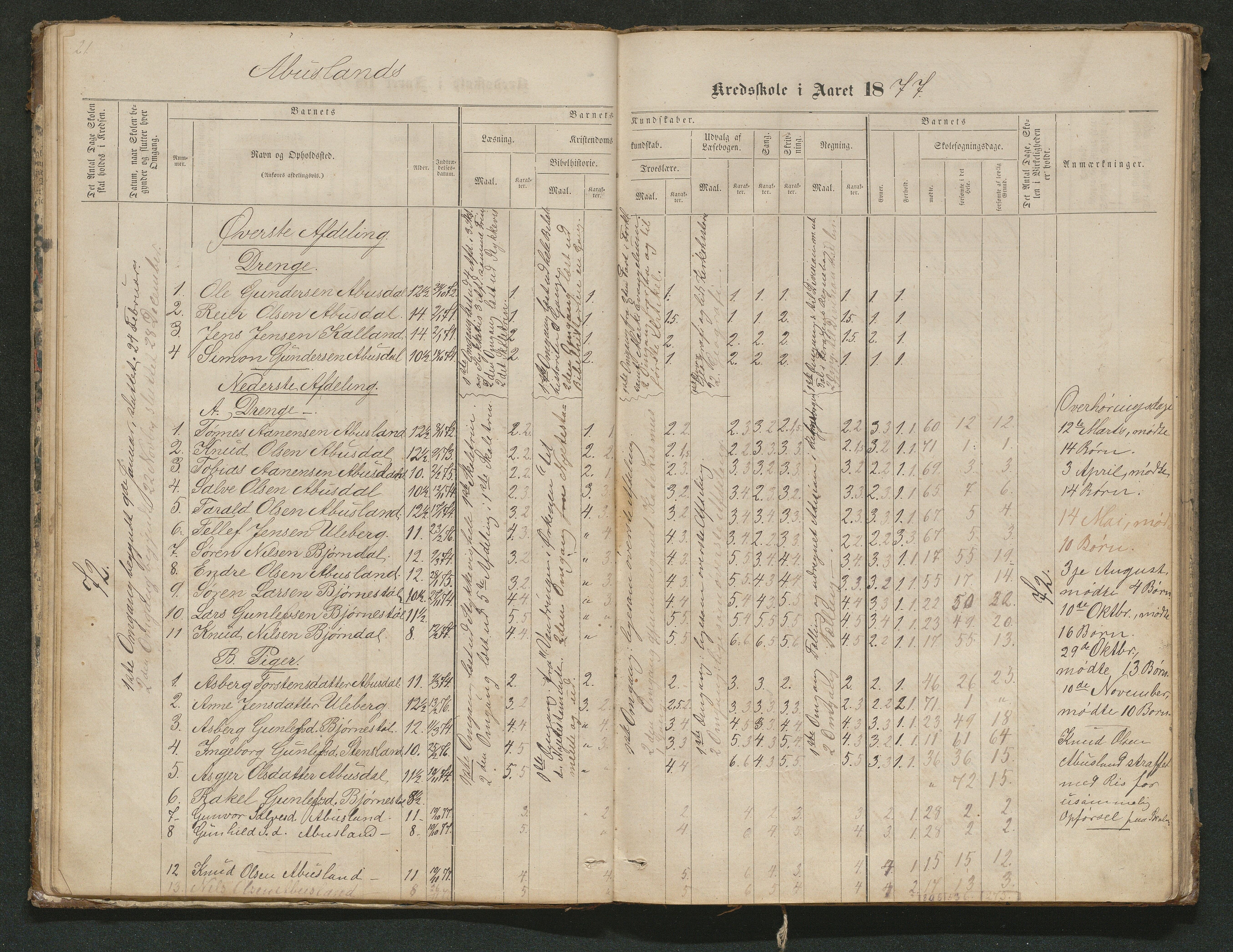 Hornnes kommune, Tønnesvold, Abusland skolekretser, AAKS/KA0936-550g/F1/L0001: Skoleprotokoll Abusland, Tønnesvold, 1864-1896, p. 21