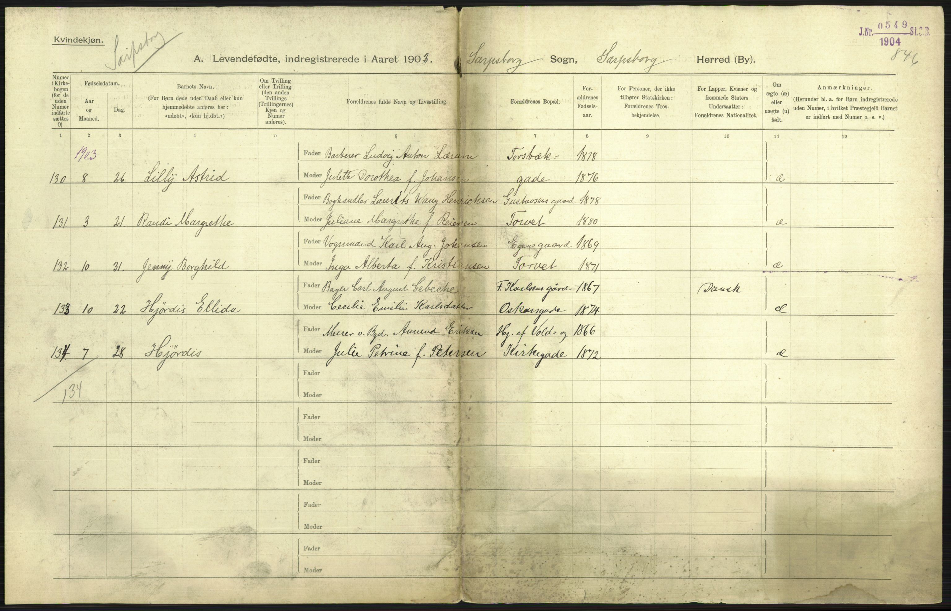 Statistisk sentralbyrå, Sosiodemografiske emner, Befolkning, AV/RA-S-2228/D/Df/Dfa/Dfaa/L0001: Smålenenes amt: Fødte, gifte, døde, 1903, p. 359