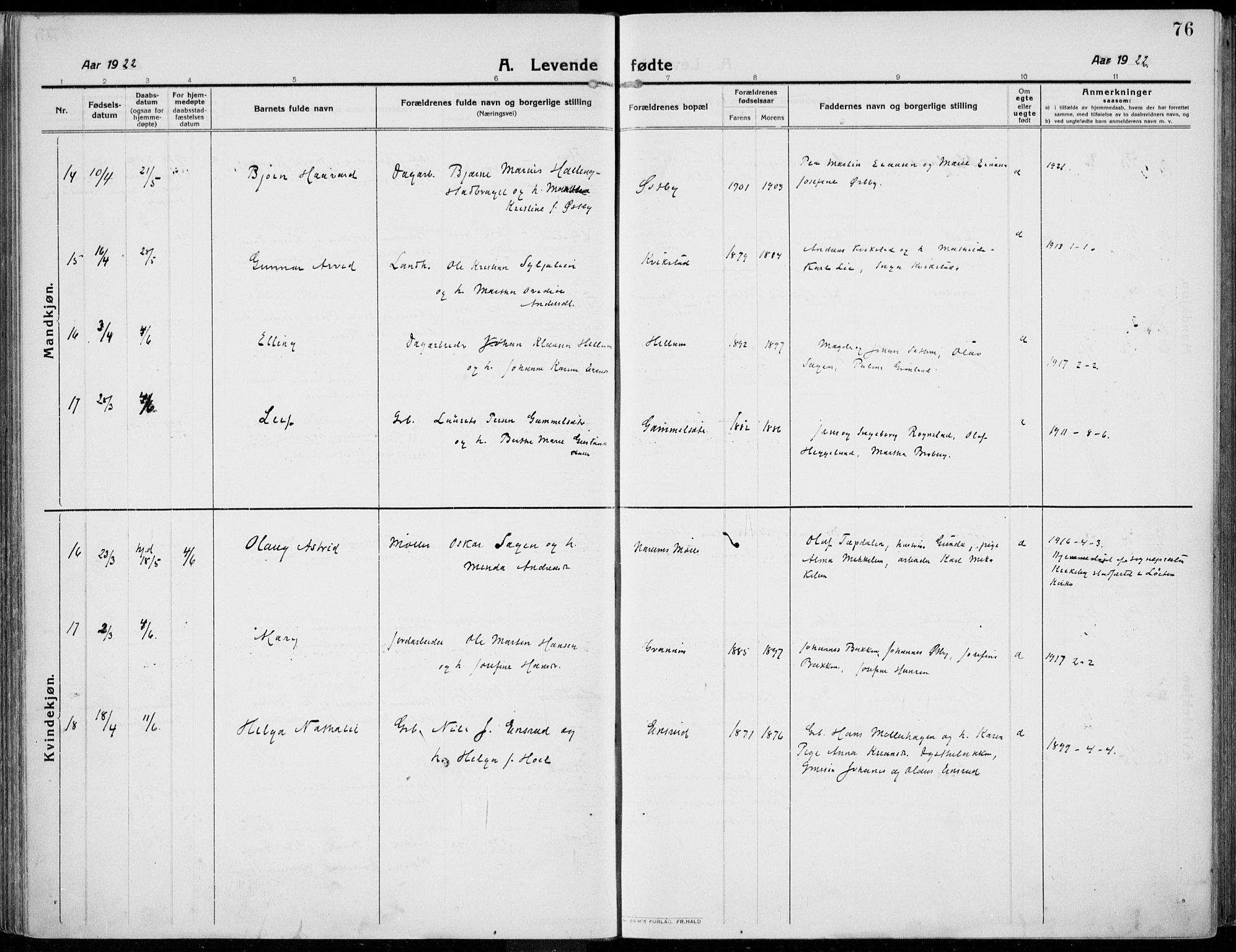 Kolbu prestekontor, AV/SAH-PREST-110/H/Ha/Haa/L0002: Parish register (official) no. 2, 1912-1926, p. 76