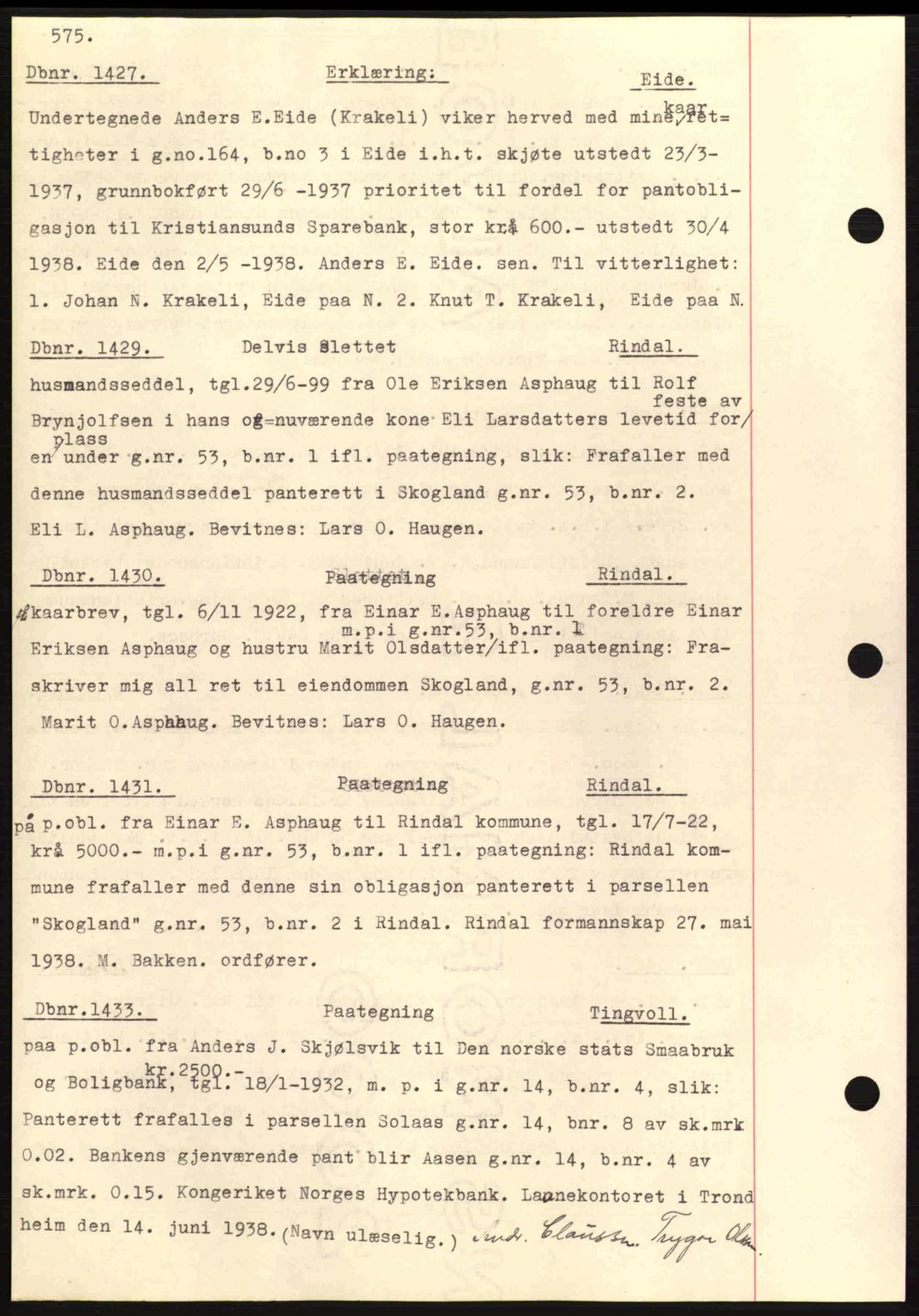 Nordmøre sorenskriveri, AV/SAT-A-4132/1/2/2Ca: Mortgage book no. C80, 1936-1939, Diary no: : 1427/1938