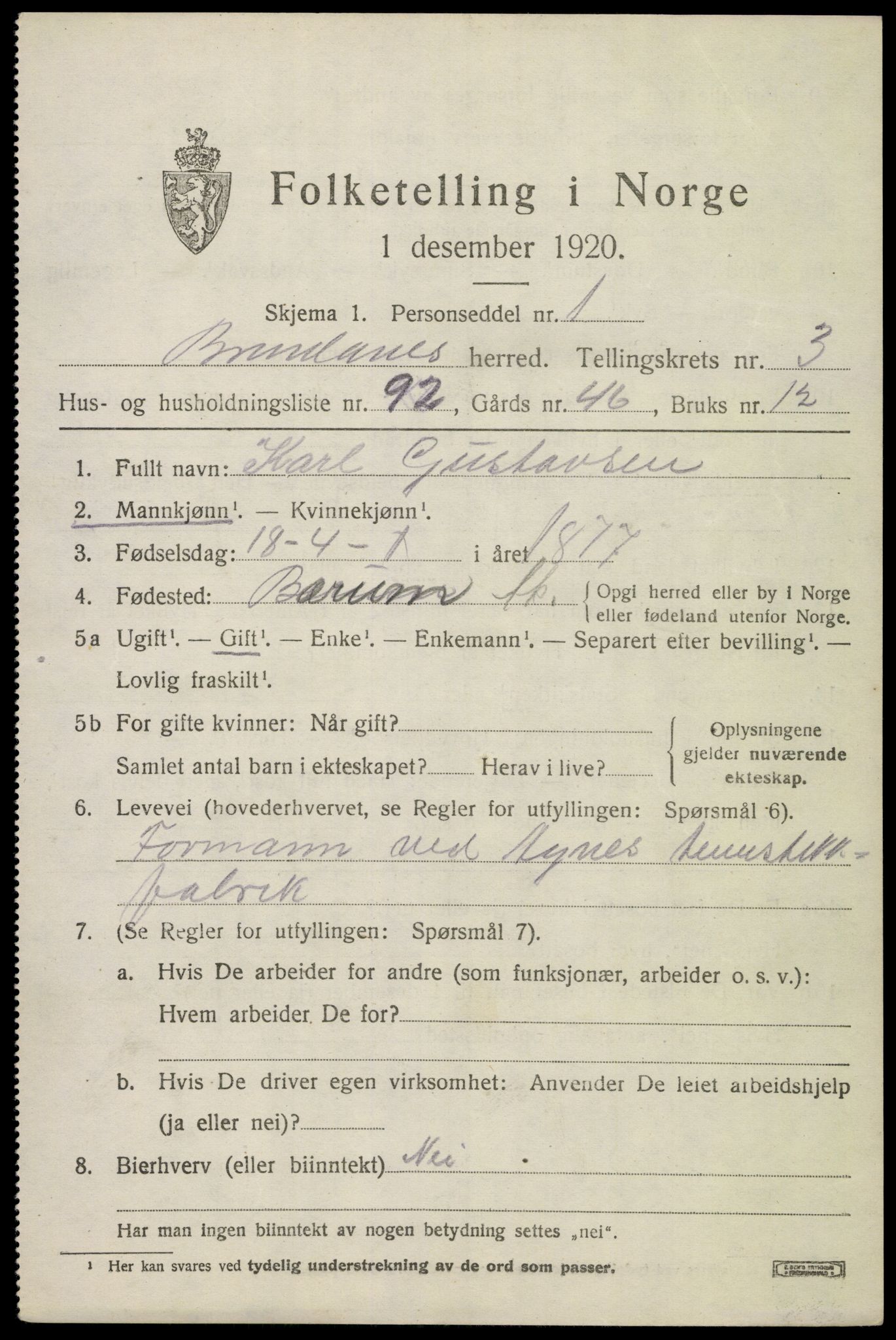 SAKO, 1920 census for Brunlanes, 1920, p. 5801