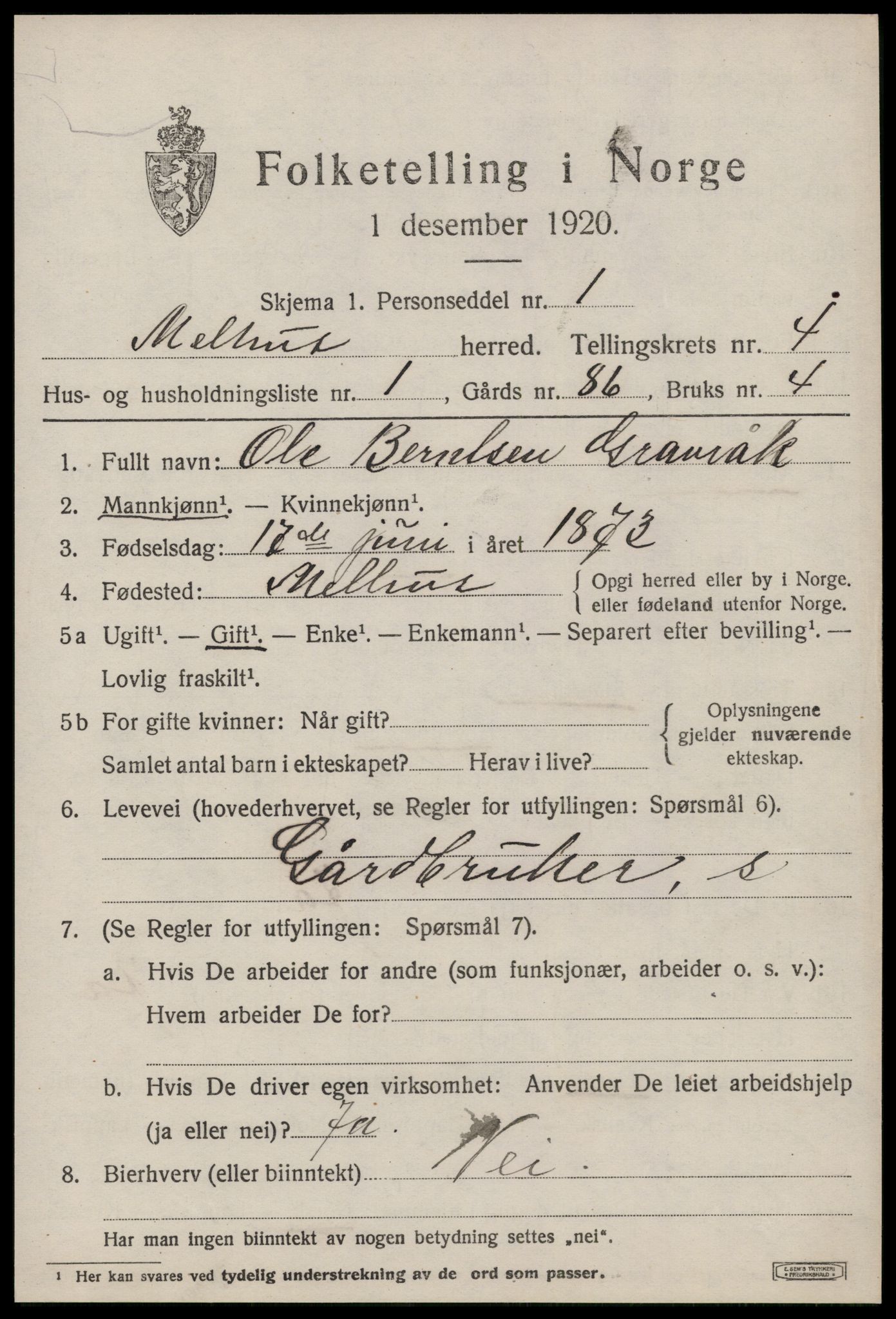 SAT, 1920 census for Melhus, 1920, p. 3367