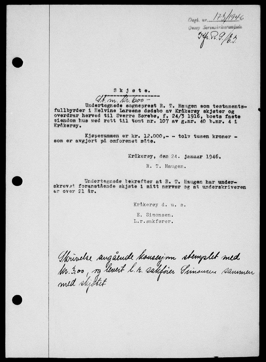 Onsøy sorenskriveri, SAO/A-10474/G/Ga/Gab/L0015: Mortgage book no. II A-15, 1945-1946, Diary no: : 173/1946