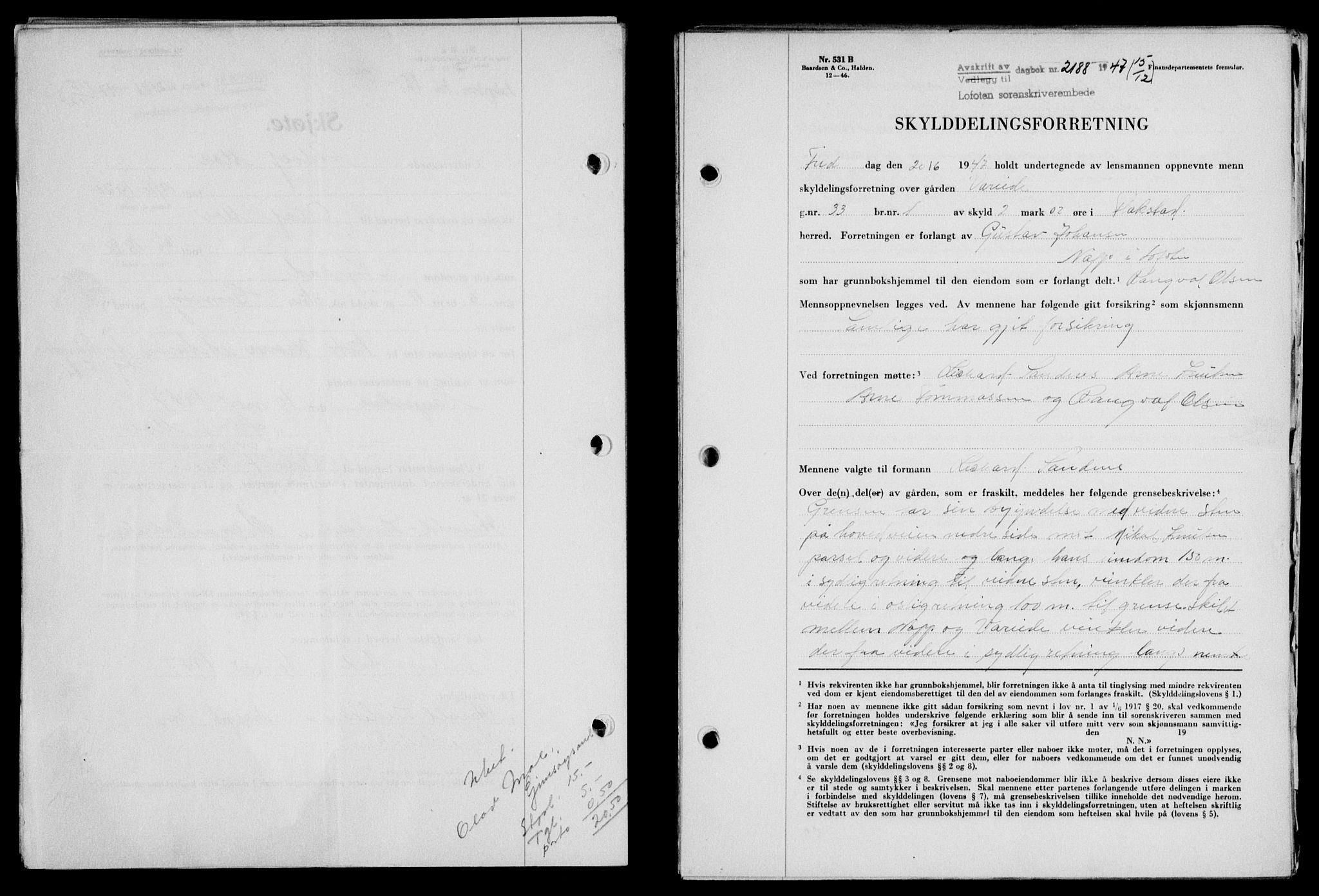 Lofoten sorenskriveri, SAT/A-0017/1/2/2C/L0017a: Mortgage book no. 17a, 1947-1948, Diary no: : 2188/1947