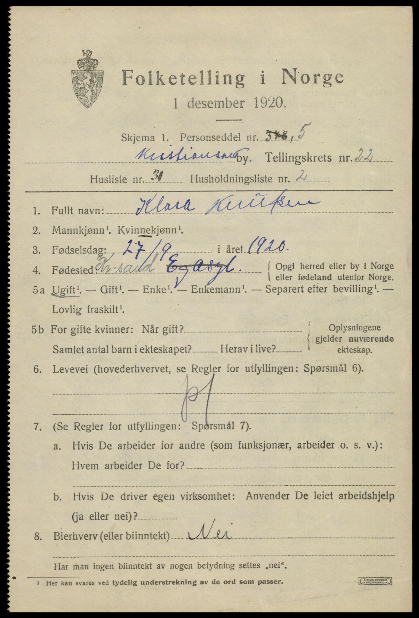 SAK, 1920 census for Kristiansand, 1920, p. 40135