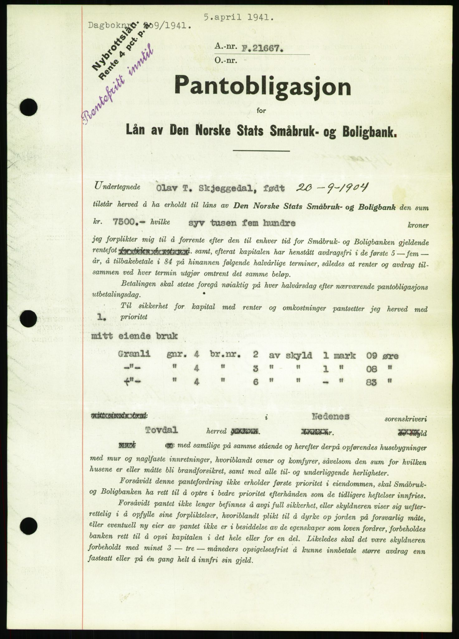 Nedenes sorenskriveri, SAK/1221-0006/G/Gb/Gbb/L0001: Mortgage book no. I, 1939-1942, Diary no: : 209/1941