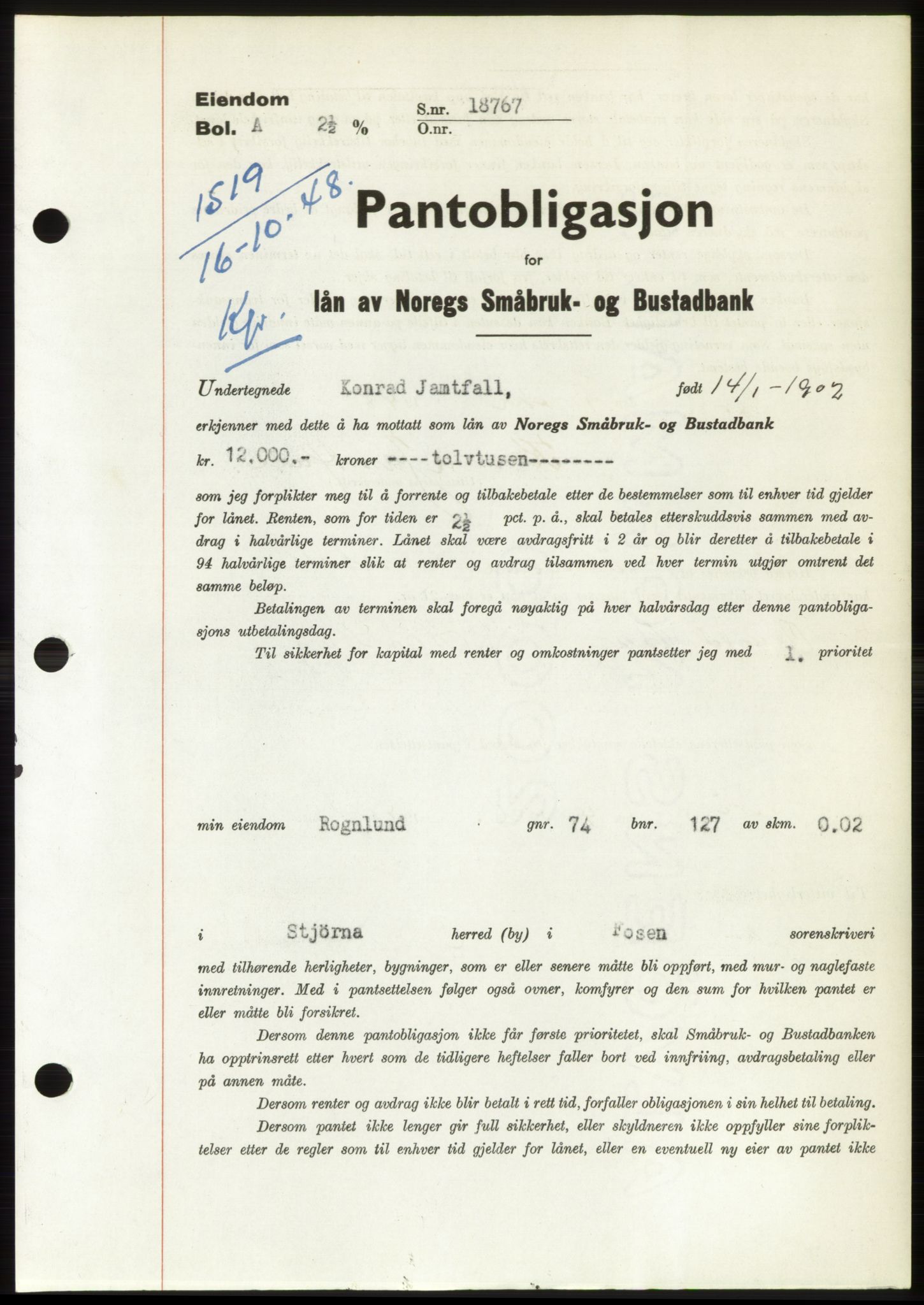 Fosen sorenskriveri, AV/SAT-A-1107/1/2/2C: Mortgage book no. B, 1948-1950, Diary no: : 1519/1948