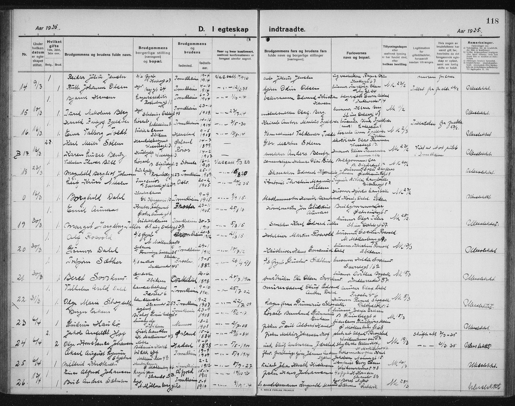 Ministerialprotokoller, klokkerbøker og fødselsregistre - Sør-Trøndelag, AV/SAT-A-1456/605/L0260: Parish register (copy) no. 605C07, 1922-1942, p. 118