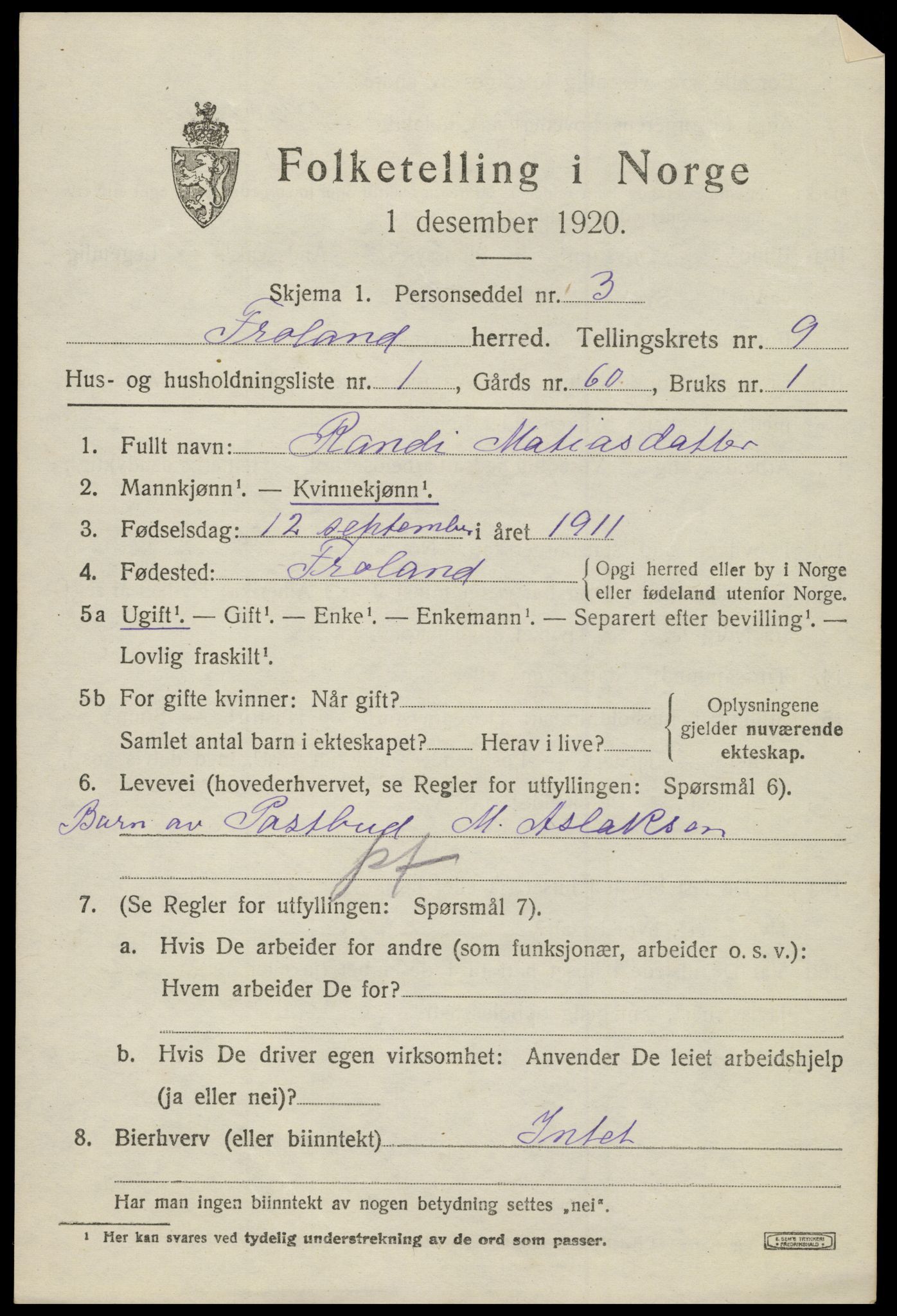 SAK, 1920 census for Froland, 1920, p. 4913