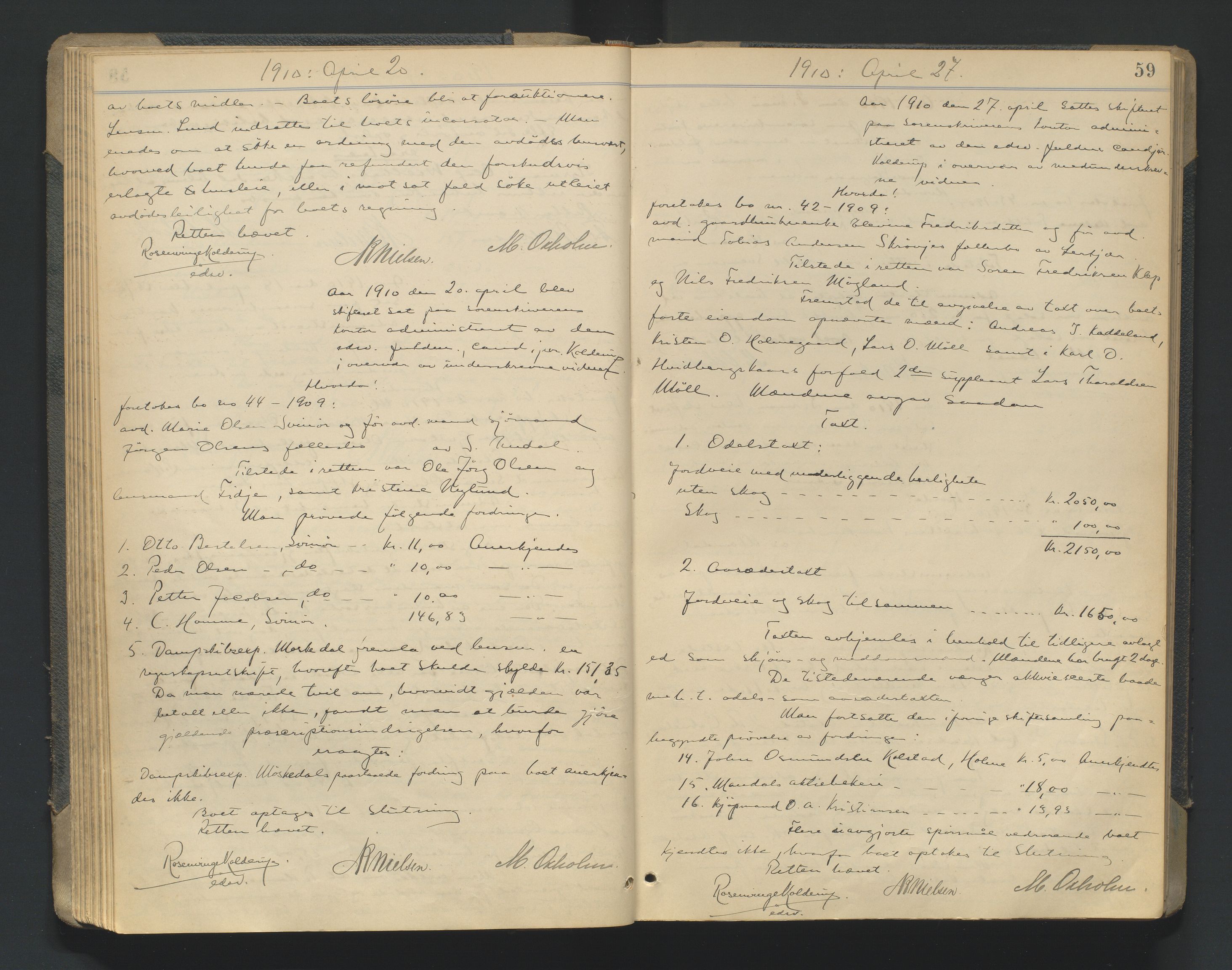 Mandal sorenskriveri, AV/SAK-1221-0005/001/H/Hc/L0081: Skifteforhandlingsprotokoll nr 13, 1909-1913, p. 59