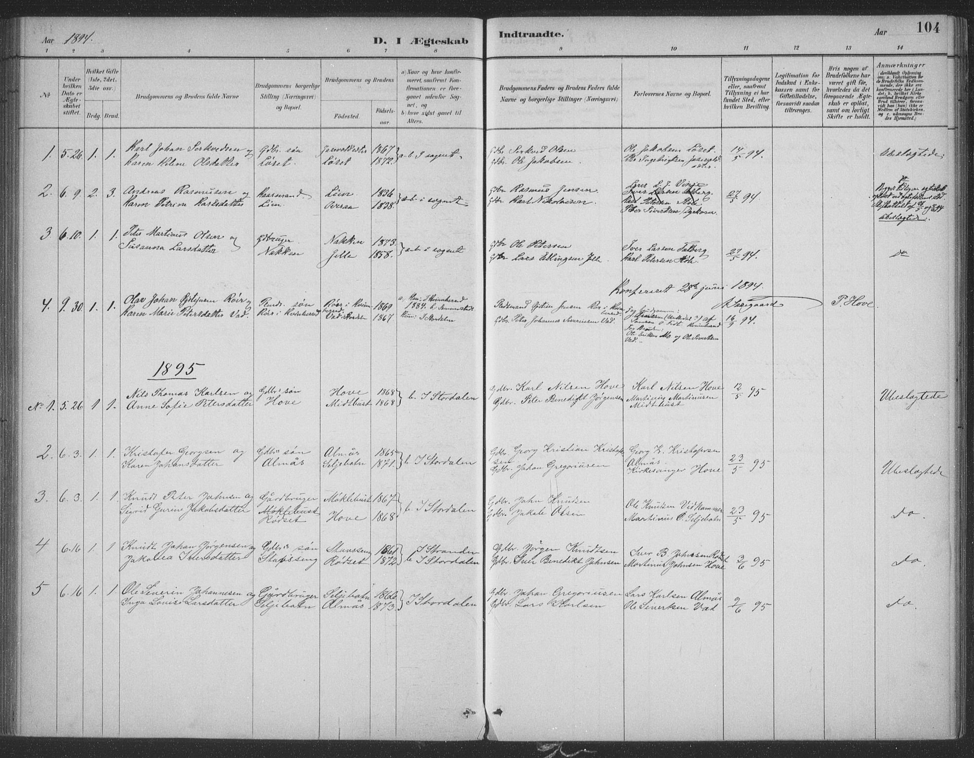 Ministerialprotokoller, klokkerbøker og fødselsregistre - Møre og Romsdal, AV/SAT-A-1454/521/L0299: Parish register (official) no. 521A01, 1882-1907, p. 104