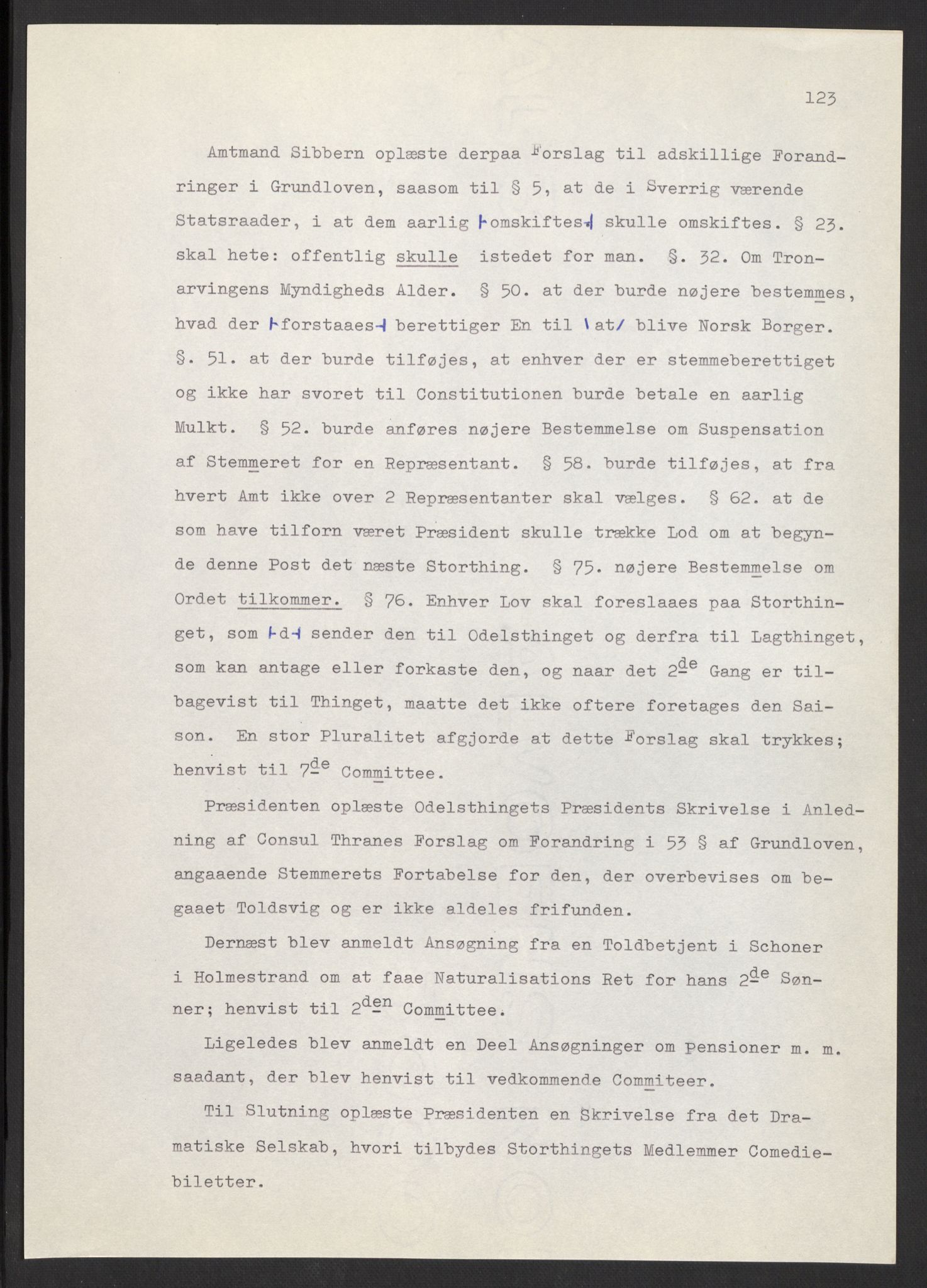 Manuskriptsamlingen, AV/RA-EA-3667/F/L0197: Wetlesen, Hans Jørgen (stortingsmann, ingeniørkaptein); Referat fra Stortinget 1815-1816, 1815-1816, p. 123