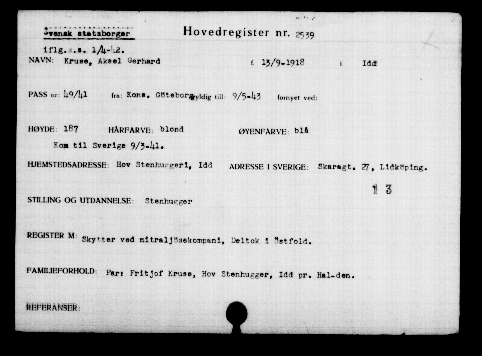 Utenriksstasjonene, Legasjonen i Stockholm, Flyktningkontoret, AV/RA-S-6753/V/Va/L0003: Kjesäterkartoteket, flyktninger med registreringsnr. 2001-3495, 1940-1945, p. 713