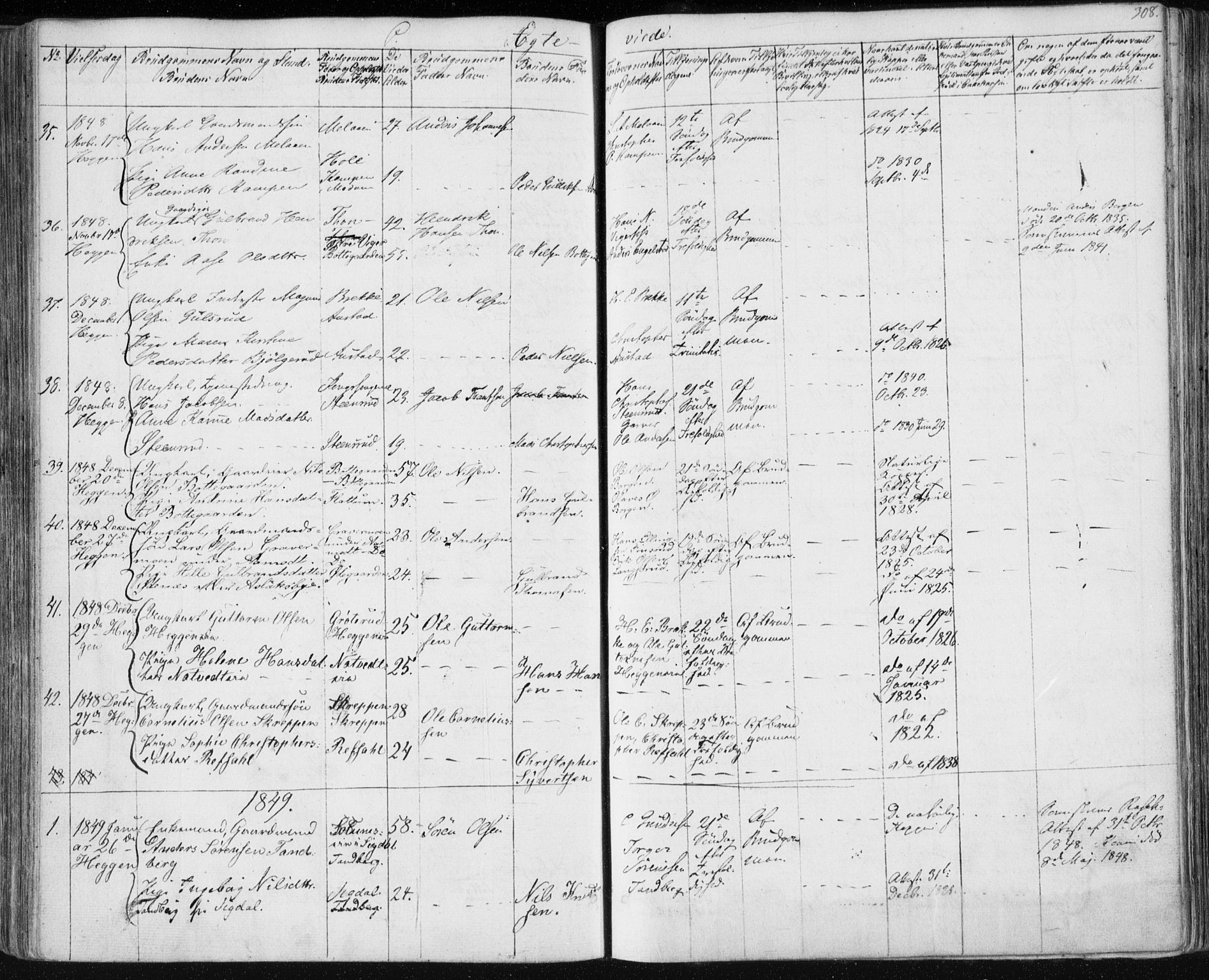 Modum kirkebøker, SAKO/A-234/F/Fa/L0007: Parish register (official) no. 7, 1841-1850, p. 308