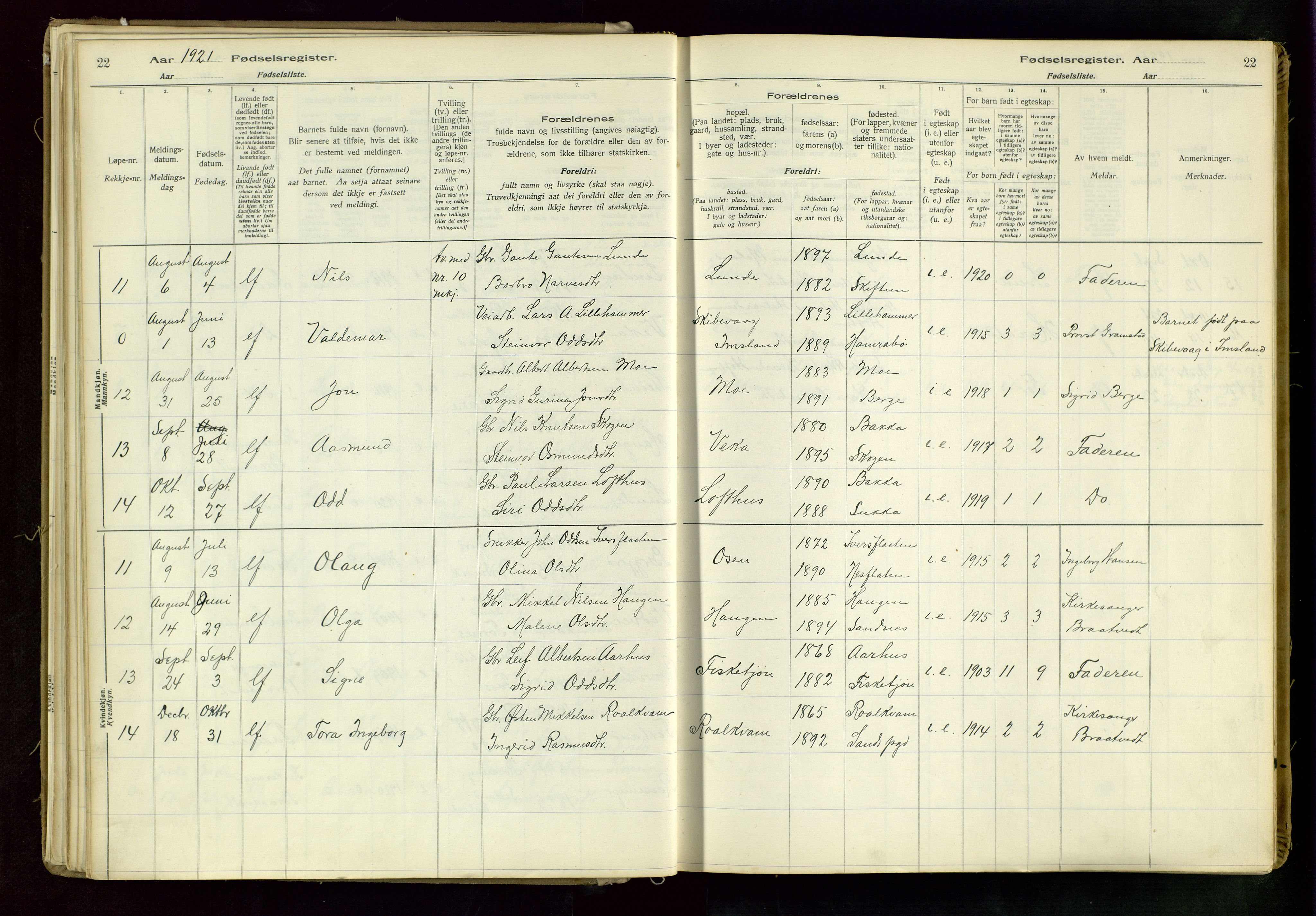 Suldal sokneprestkontor, AV/SAST-A-101845/03/A/L0002: Birth register no. 2, 1916-1982, p. 22