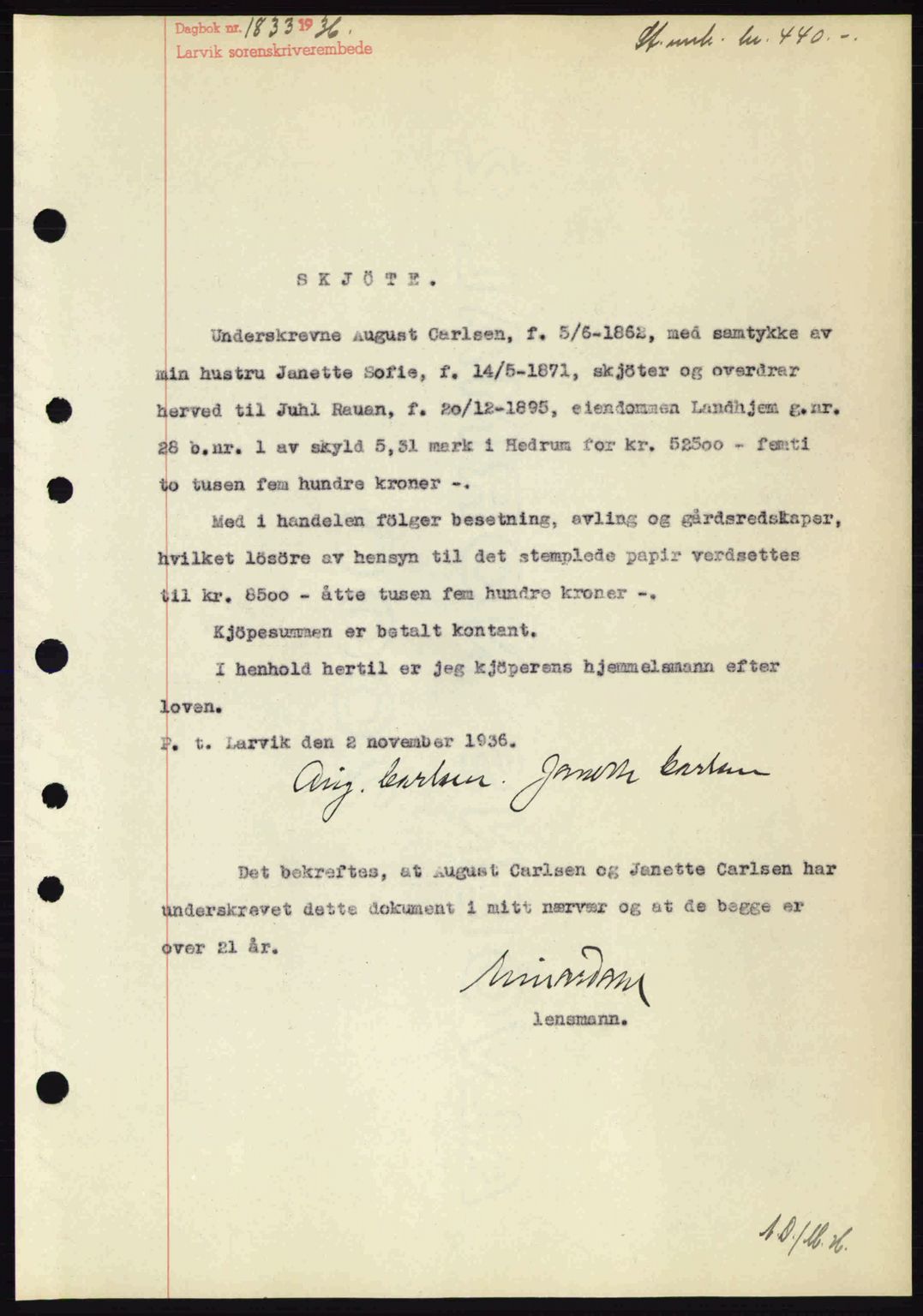Larvik sorenskriveri, SAKO/A-83/G/Ga/Gab/L0067: Mortgage book no. A-1, 1936-1937, Diary no: : 1833/1936