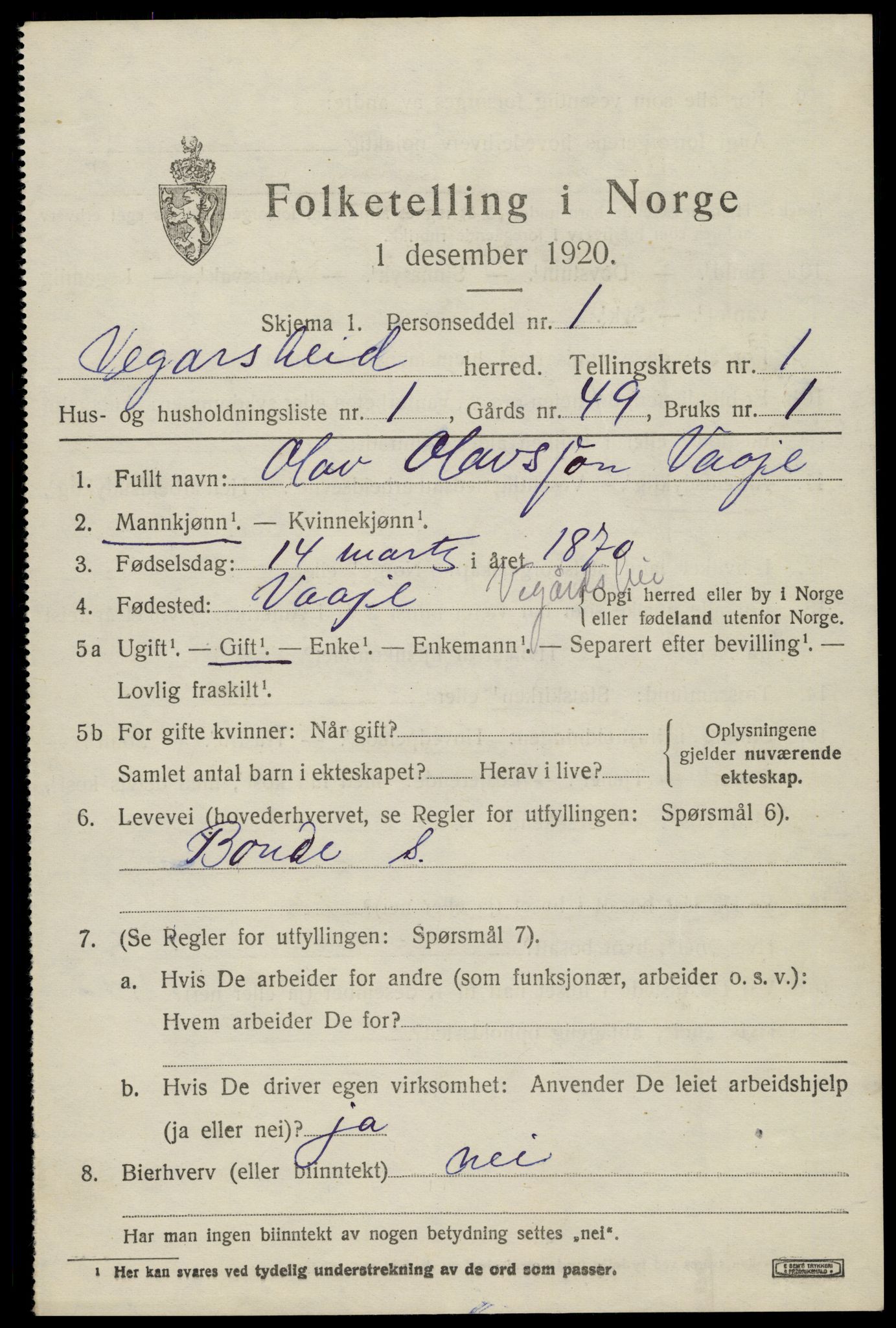 SAK, 1920 census for Vegårshei, 1920, p. 668