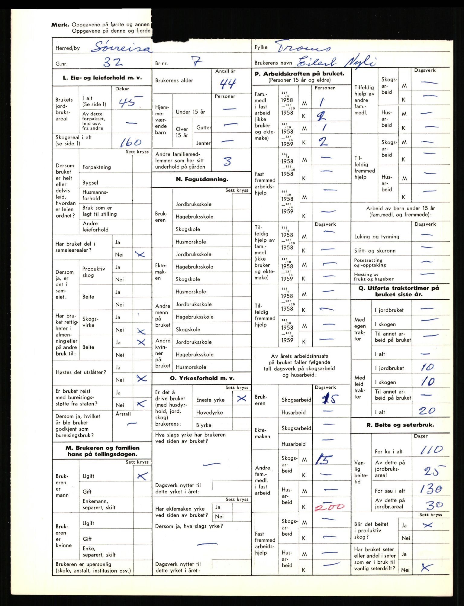 Statistisk sentralbyrå, Næringsøkonomiske emner, Jordbruk, skogbruk, jakt, fiske og fangst, AV/RA-S-2234/G/Gd/L0656: Troms: 1924 Målselv (kl. 0-3) og 1925 Sørreisa, 1959, p. 1930