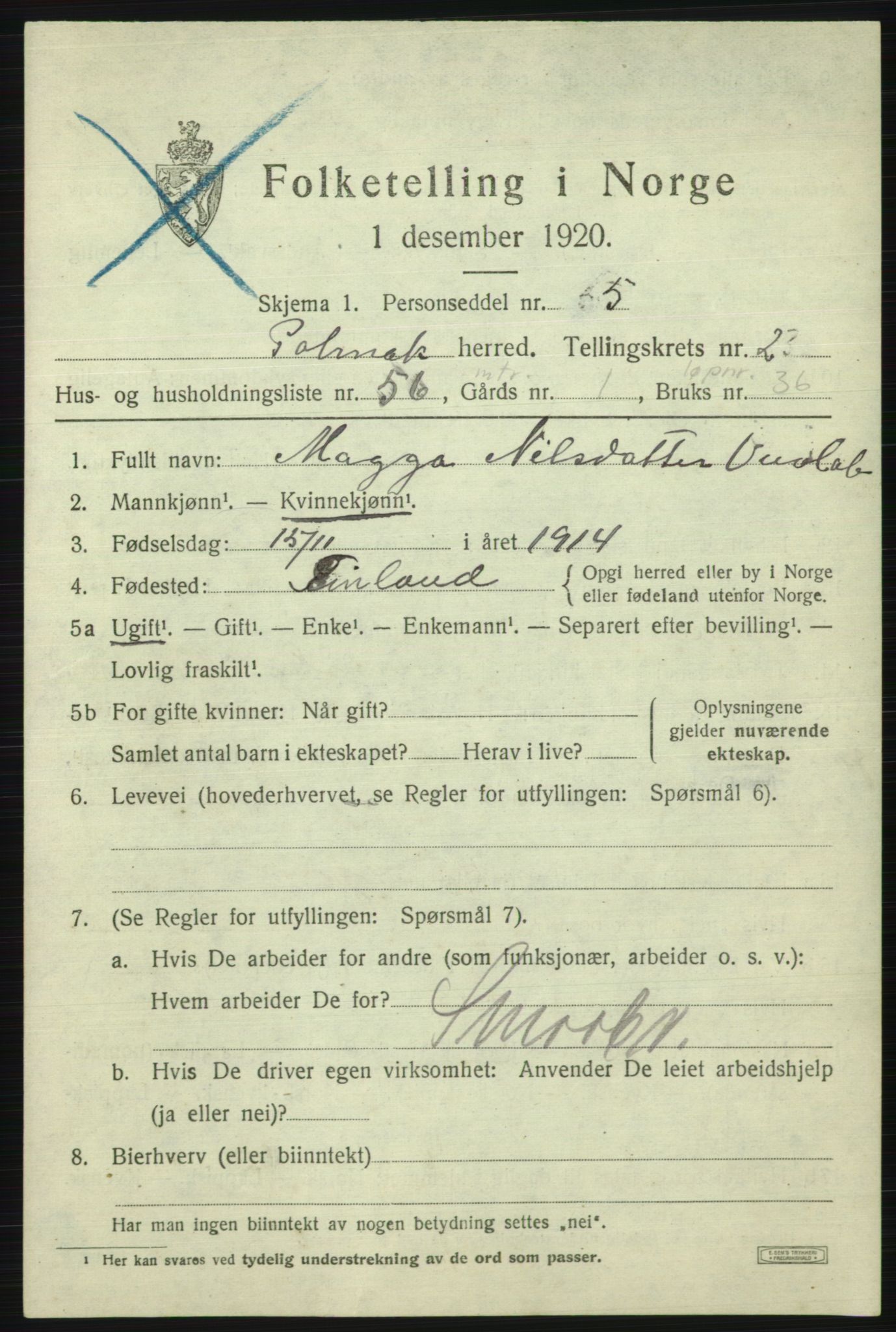 SATØ, 1920 census for Polmak, 1920, p. 1319