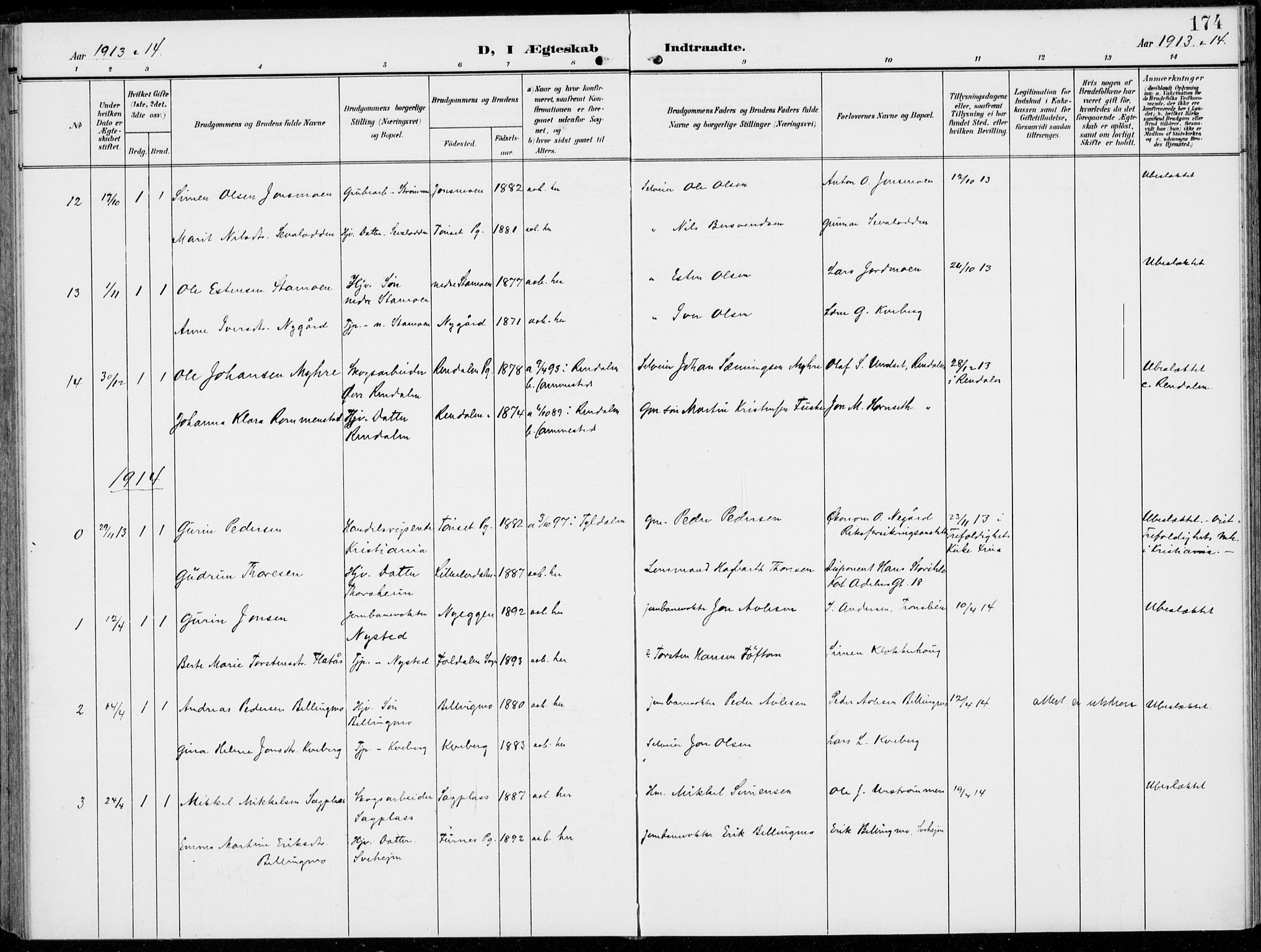 Alvdal prestekontor, SAH/PREST-060/H/Ha/Haa/L0004: Parish register (official) no. 4, 1907-1919, p. 174