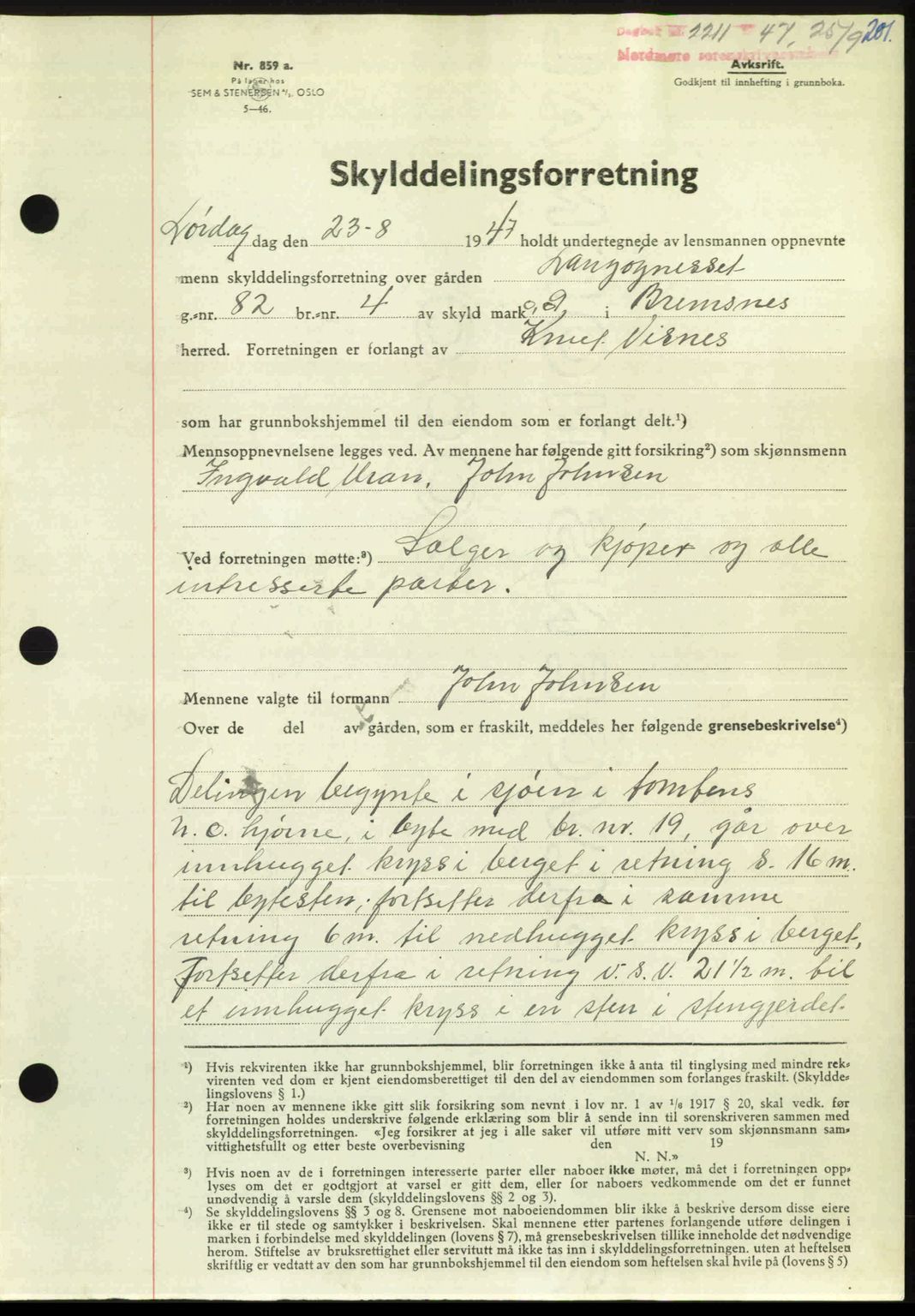 Nordmøre sorenskriveri, AV/SAT-A-4132/1/2/2Ca: Mortgage book no. A106, 1947-1947, Diary no: : 2211/1947