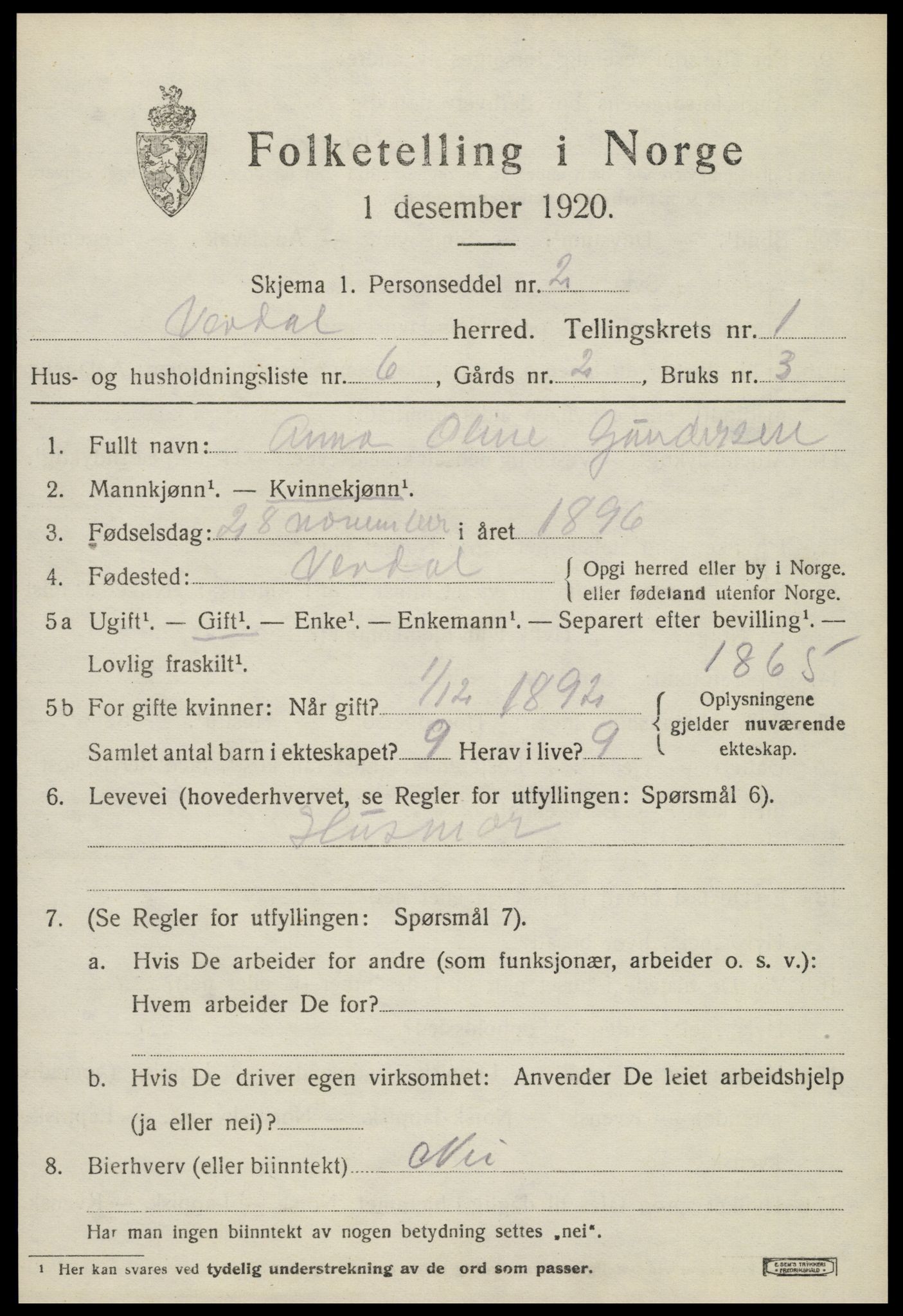 SAT, 1920 census for Verdal, 1920, p. 2375