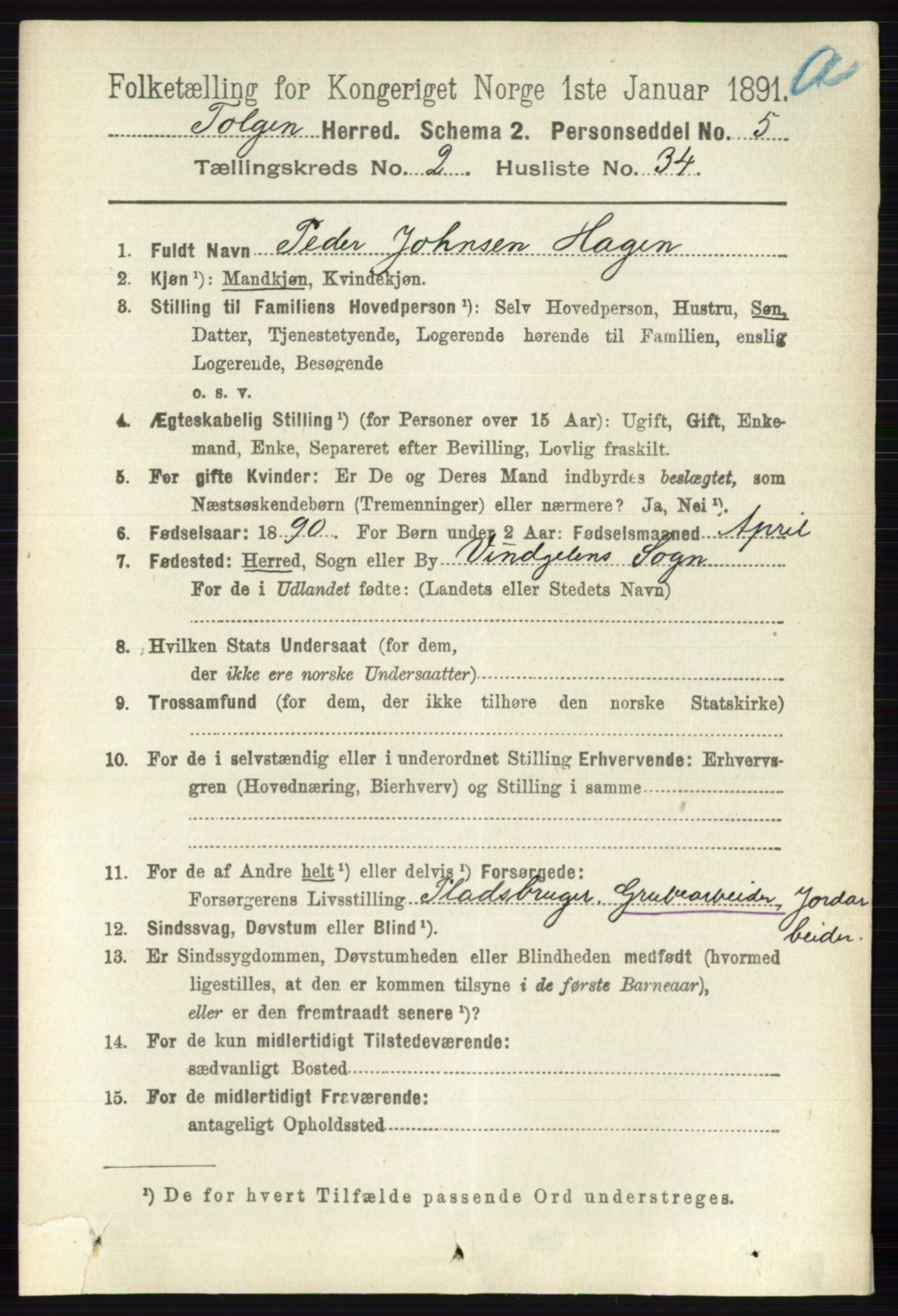 RA, 1891 census for 0436 Tolga, 1891, p. 495