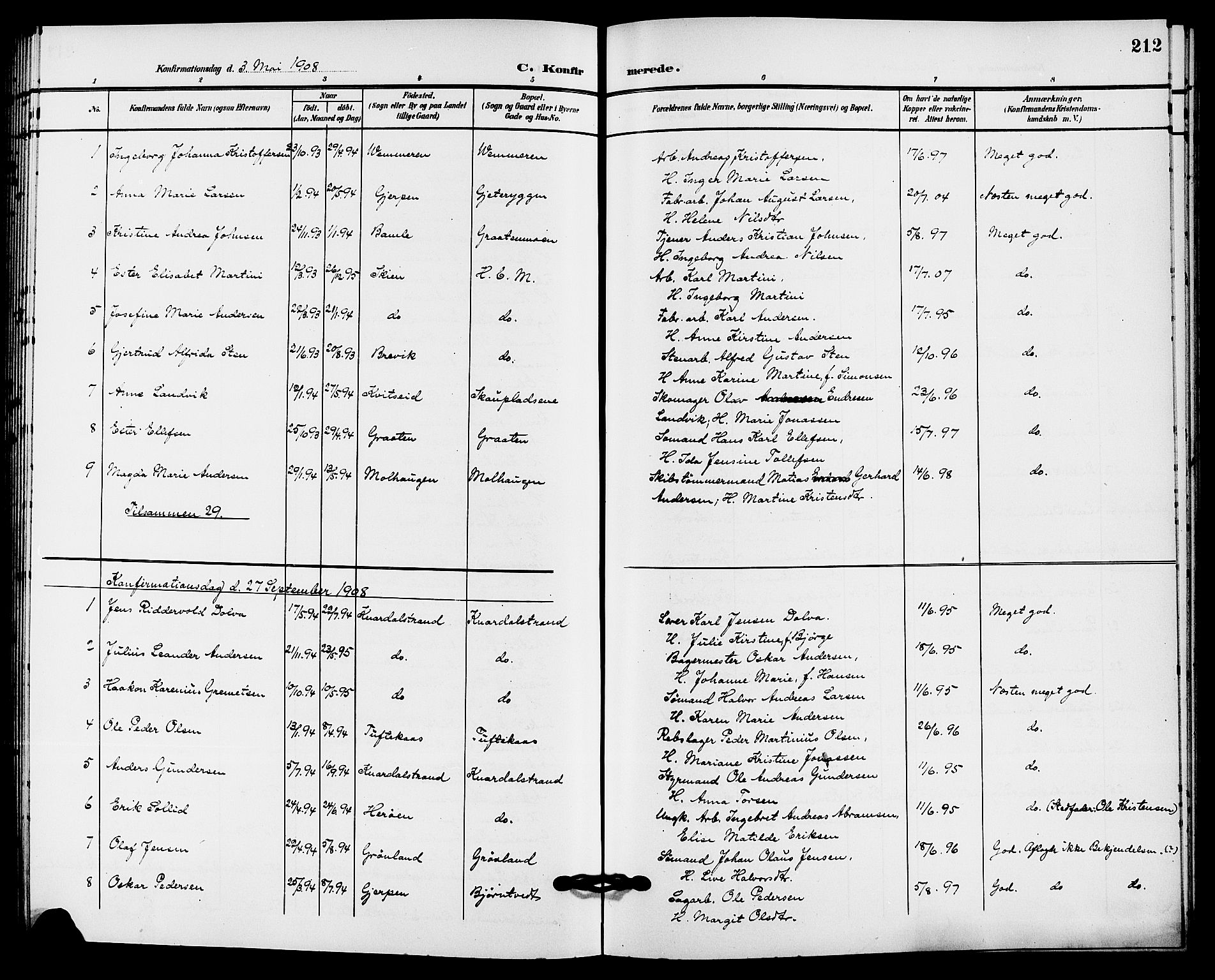 Solum kirkebøker, SAKO/A-306/G/Ga/L0008: Parish register (copy) no. I 8, 1898-1909, p. 212