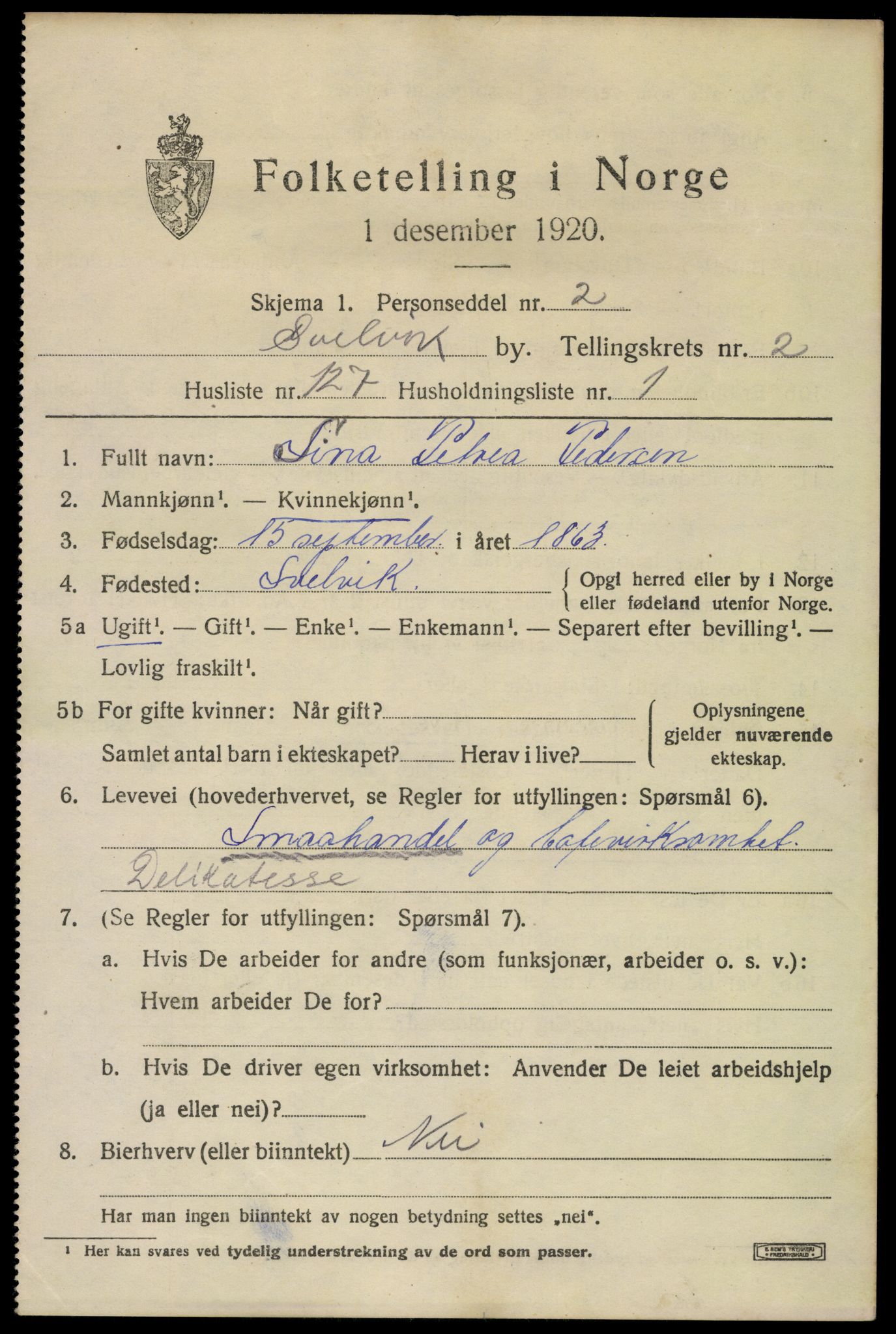 SAKO, 1920 census for Svelvik, 1920, p. 2497