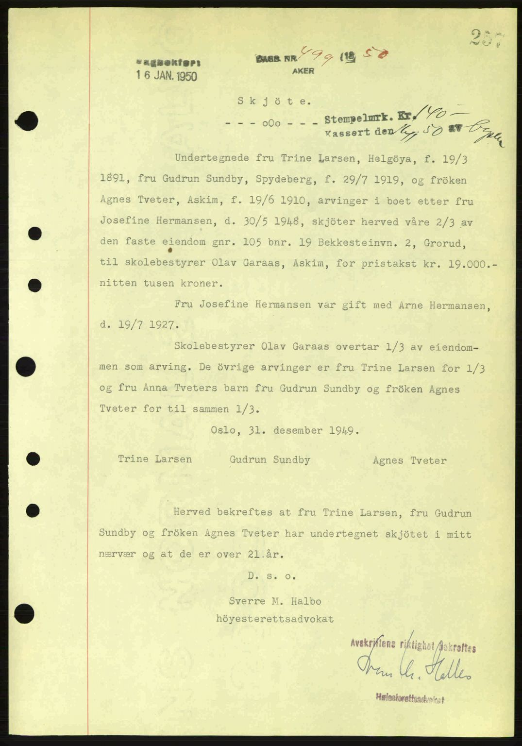 Oslo byskriverembete, AV/SAO-A-10227/G/Gb/Gbd/Gbda/L0017: Mortgage book no. A215, 1949-1950, Diary no: : 499/1950