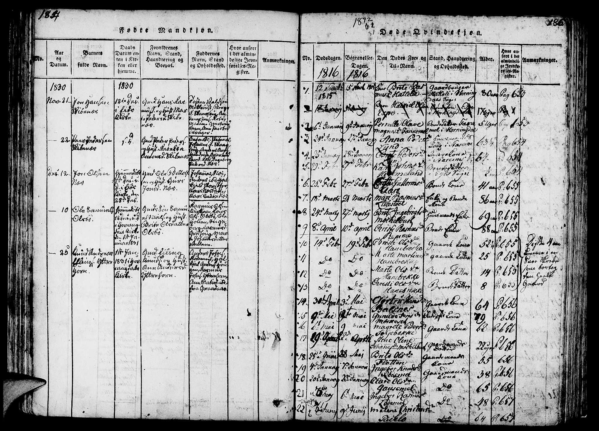 Eid sokneprestembete, AV/SAB-A-82301/H/Haa/Haaa/L0005: Parish register (official) no. A 5, 1816-1830, p. 184-185
