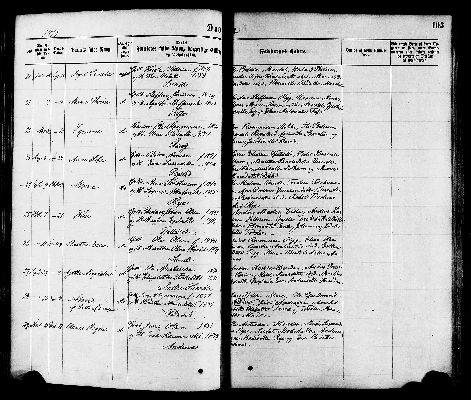 Gloppen sokneprestembete, AV/SAB-A-80101/H/Haa/Haaa/L0010: Parish register (official) no. A 10, 1871-1884, p. 103