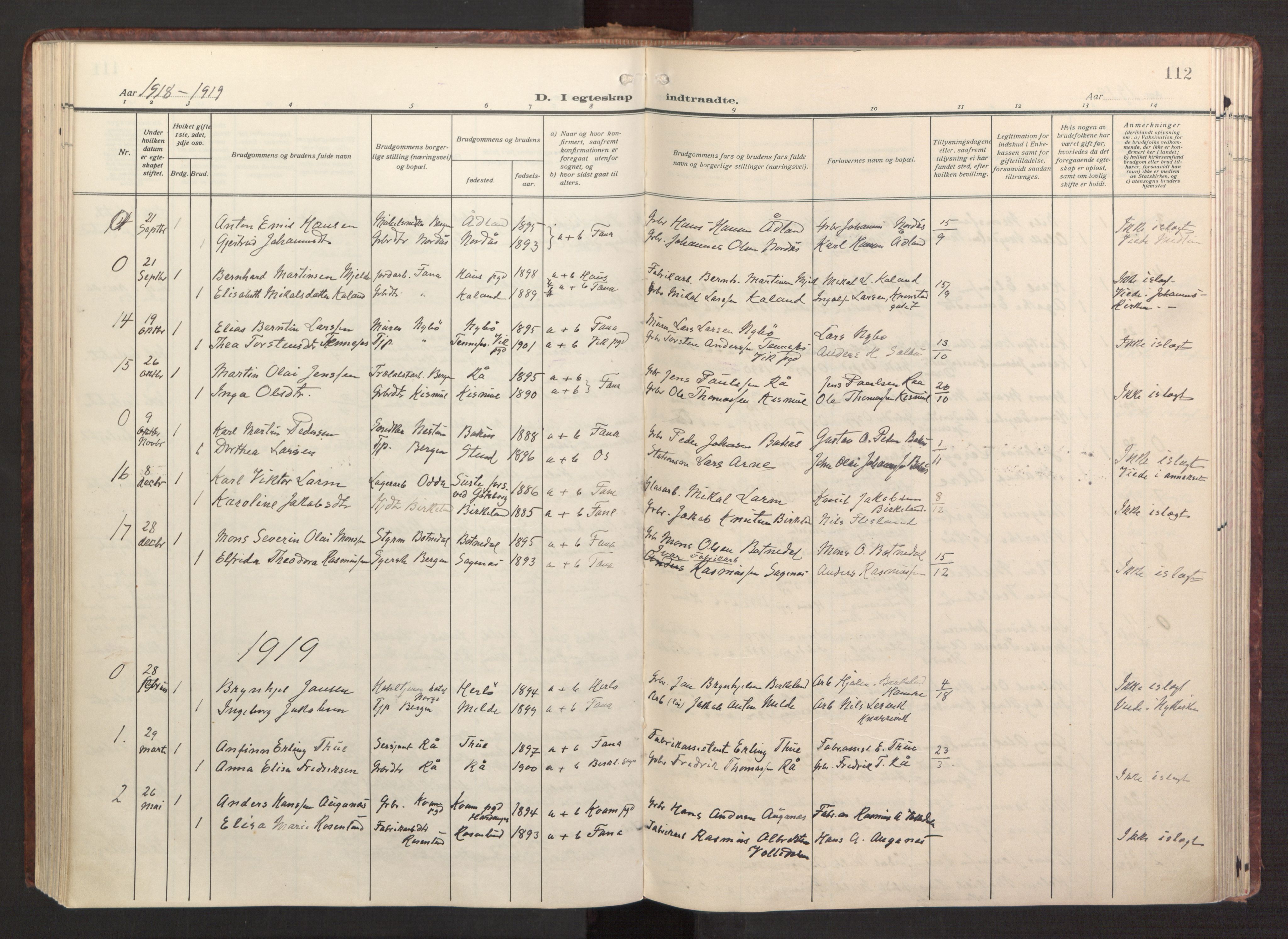 Fana Sokneprestembete, SAB/A-75101/H/Haa/Haab/L0005: Parish register (official) no. B 5, 1915-1923, p. 112