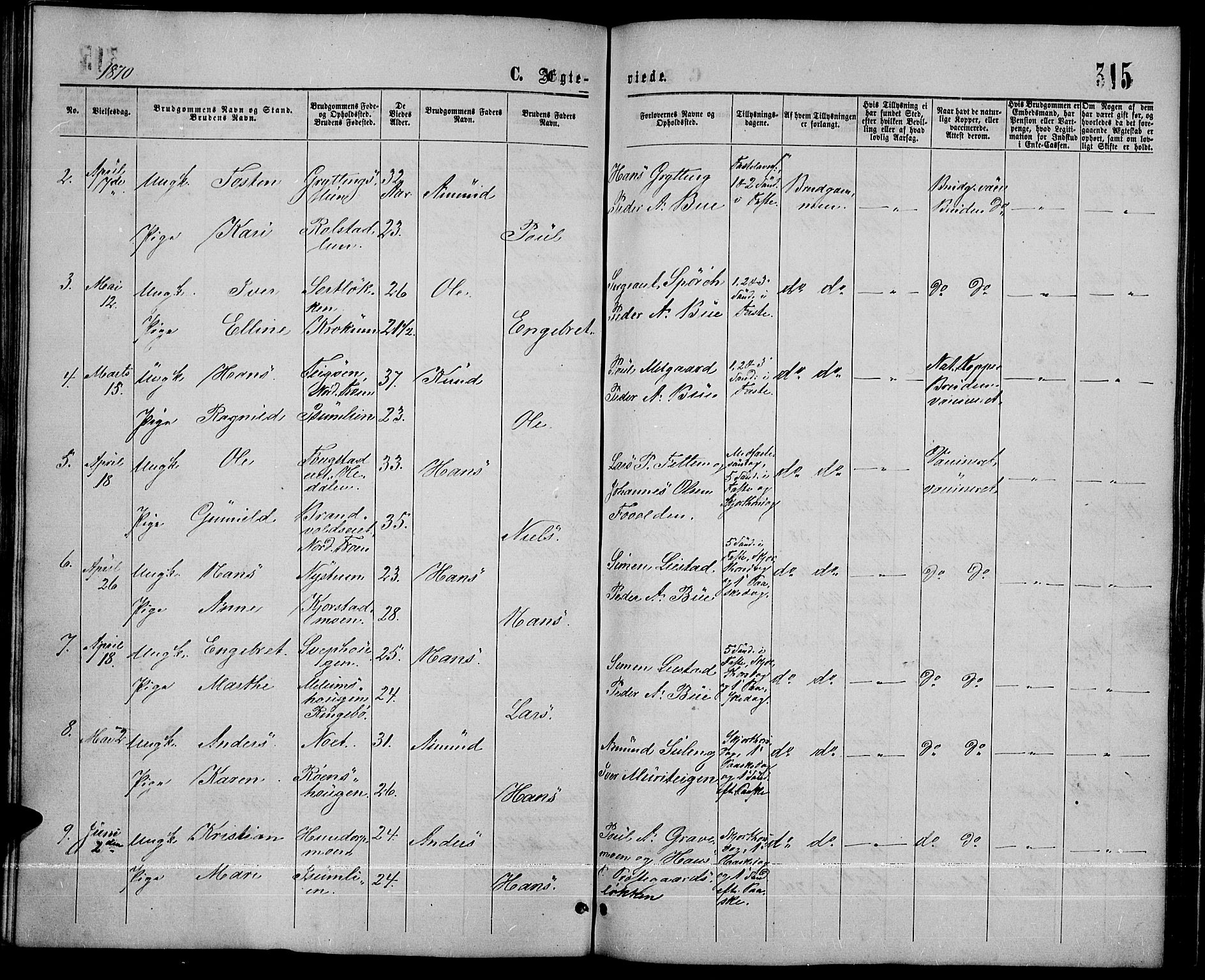 Sør-Fron prestekontor, SAH/PREST-010/H/Ha/Hab/L0002: Parish register (copy) no. 2, 1864-1883, p. 315