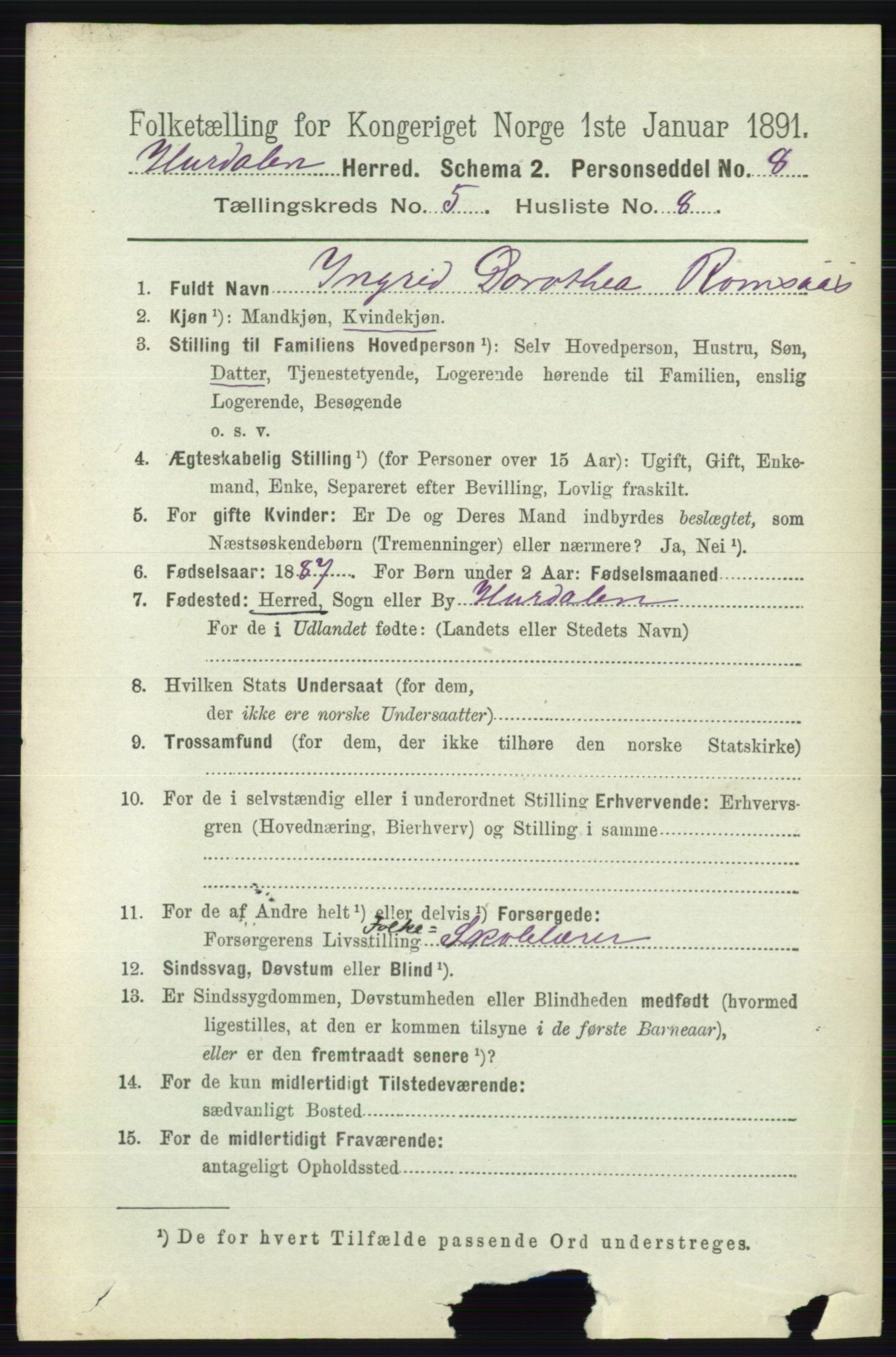 RA, 1891 census for 0239 Hurdal, 1891, p. 2125