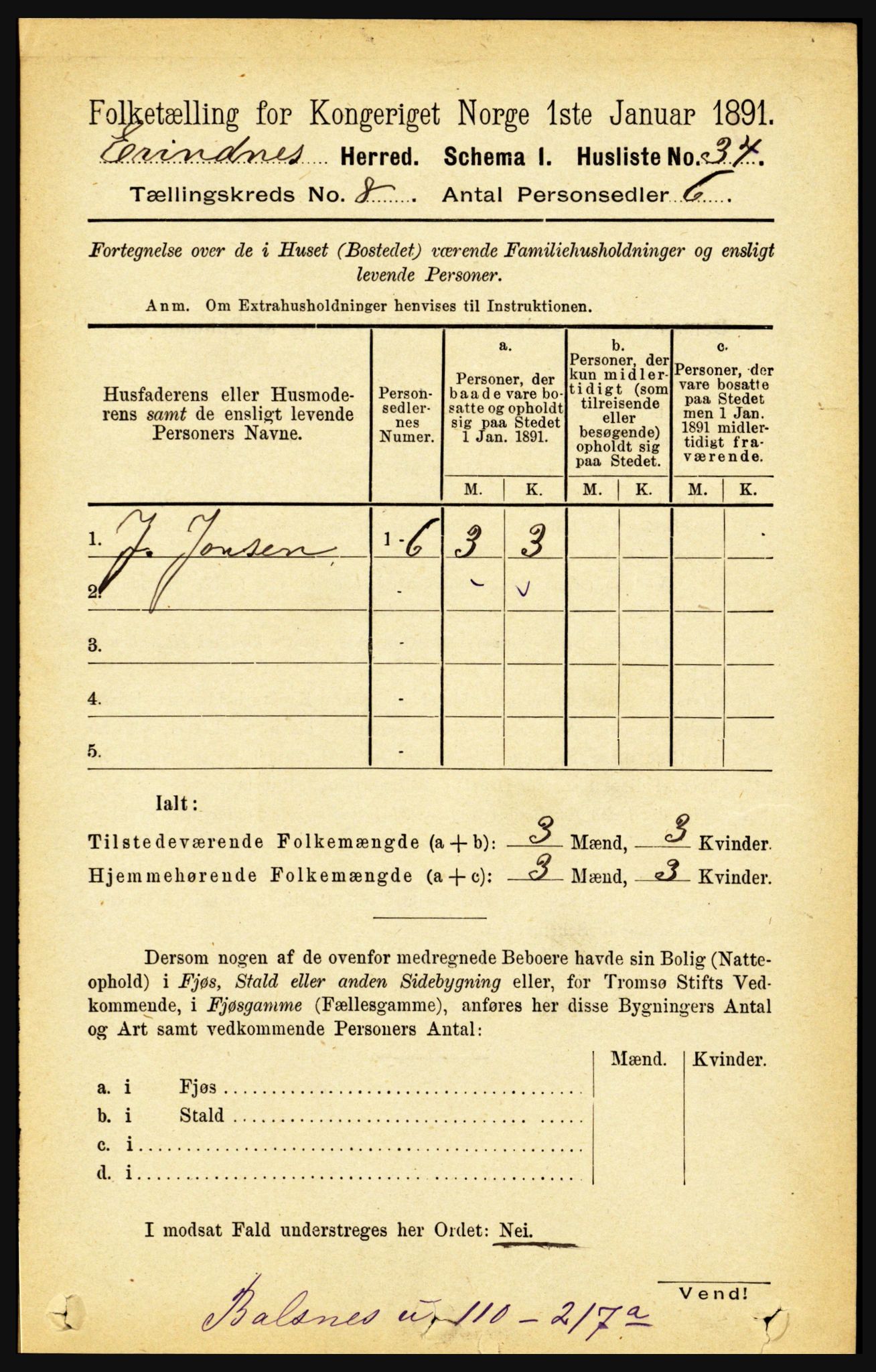 RA, 1891 census for 1853 Evenes, 1891, p. 2507