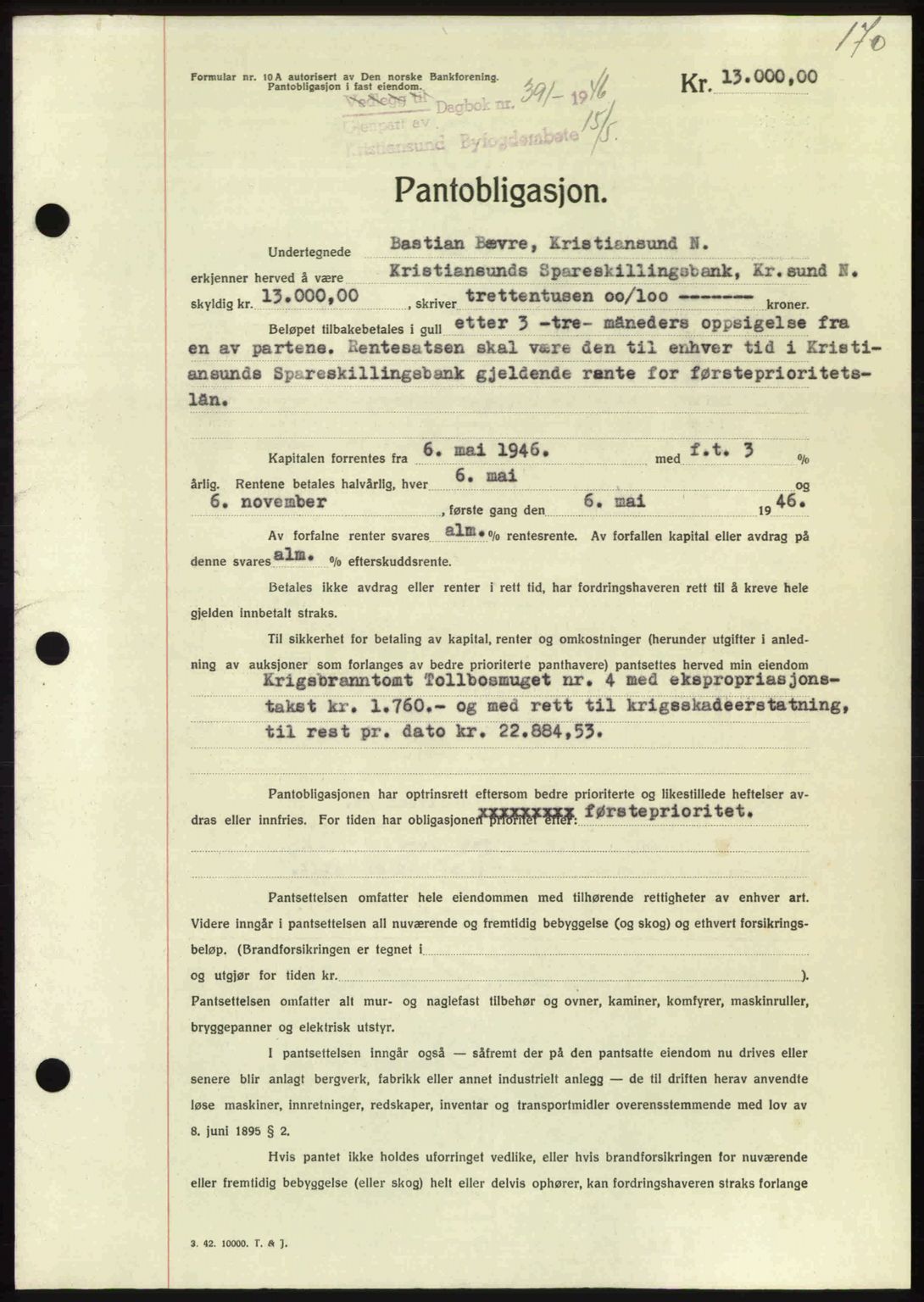 Kristiansund byfogd, AV/SAT-A-4587/A/27: Mortgage book no. 40, 1946-1946, Diary no: : 391/1946