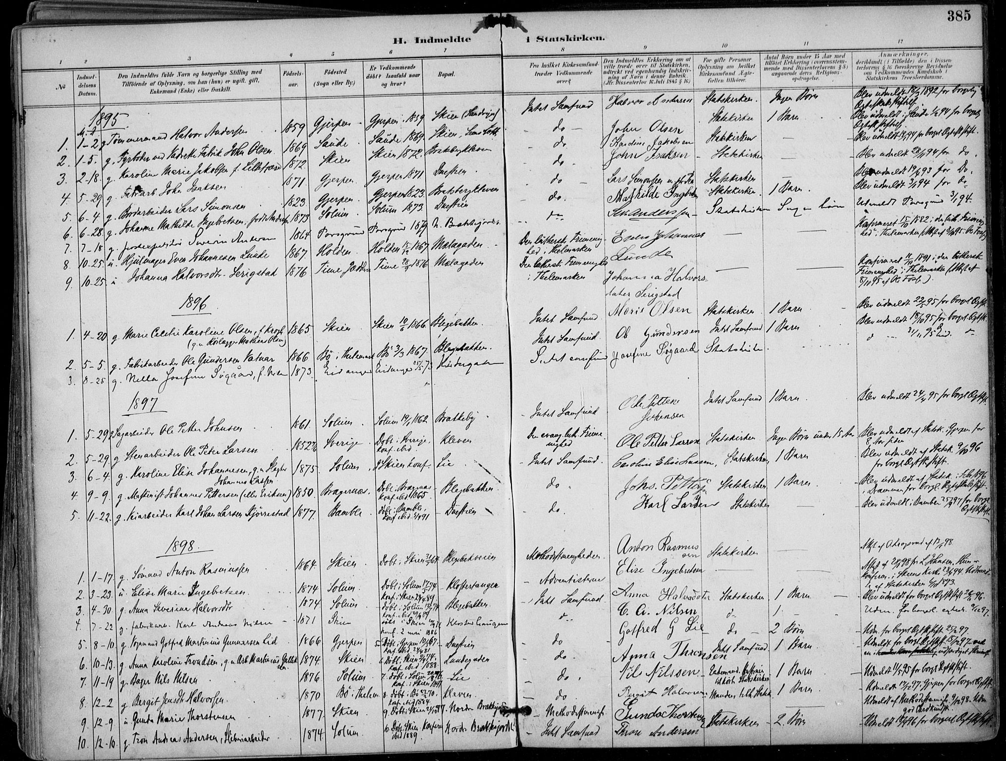 Skien kirkebøker, SAKO/A-302/F/Fa/L0010: Parish register (official) no. 10, 1891-1899, p. 385