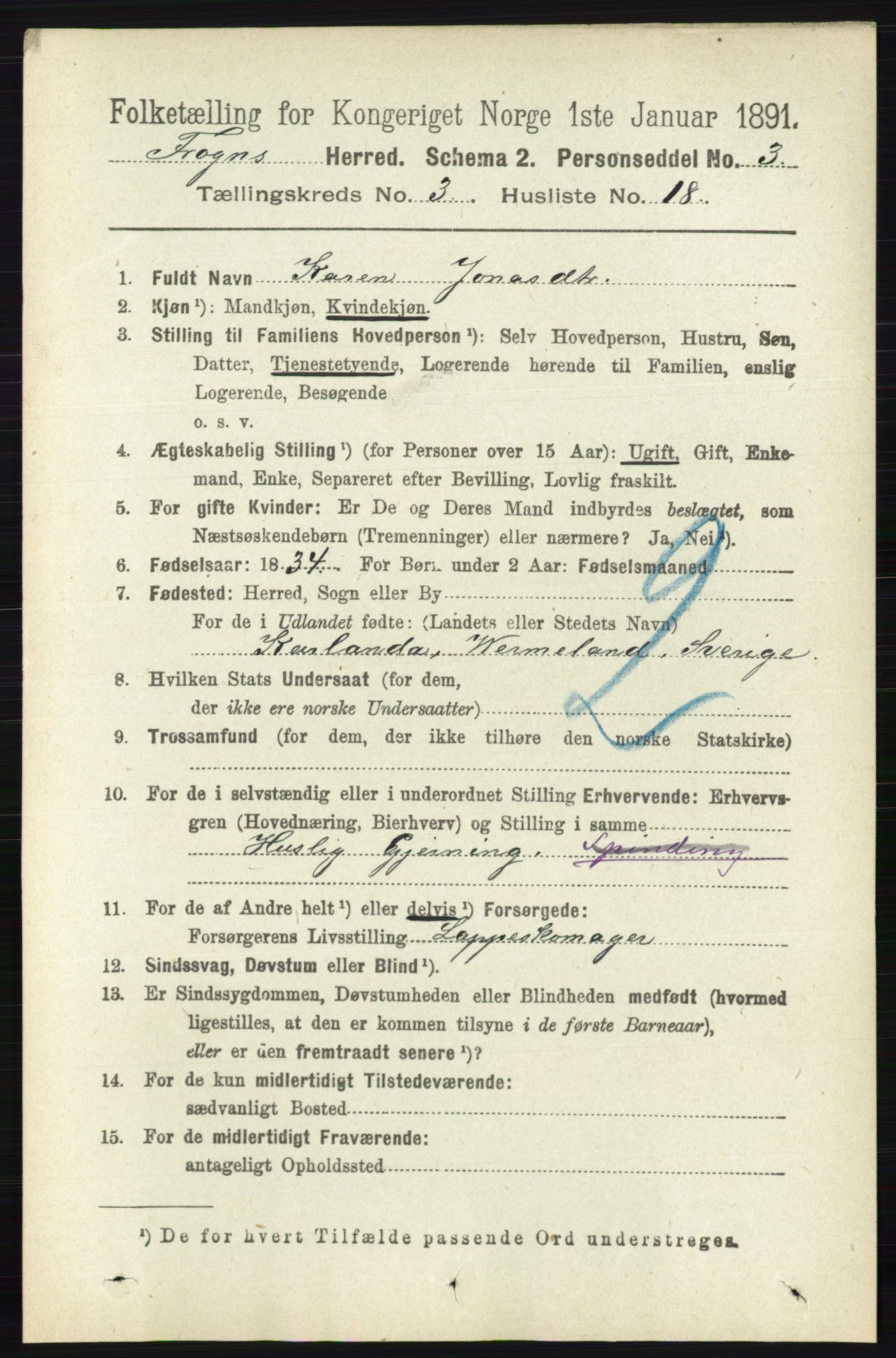 RA, 1891 census for 0215 Frogn, 1891, p. 2013